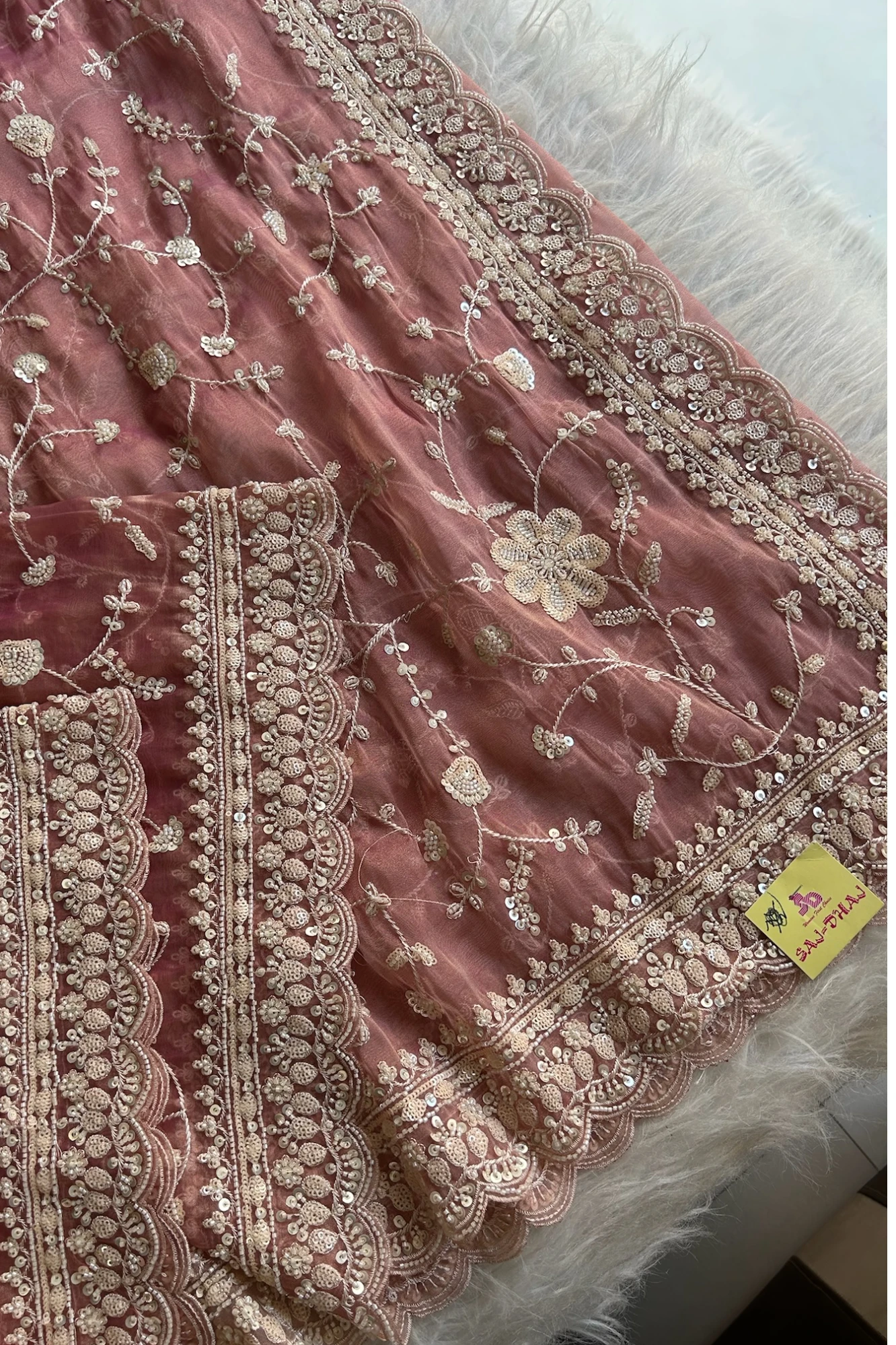 Peach Jaal Saree with Heavy Sequin & Cutdana Border 5527 07