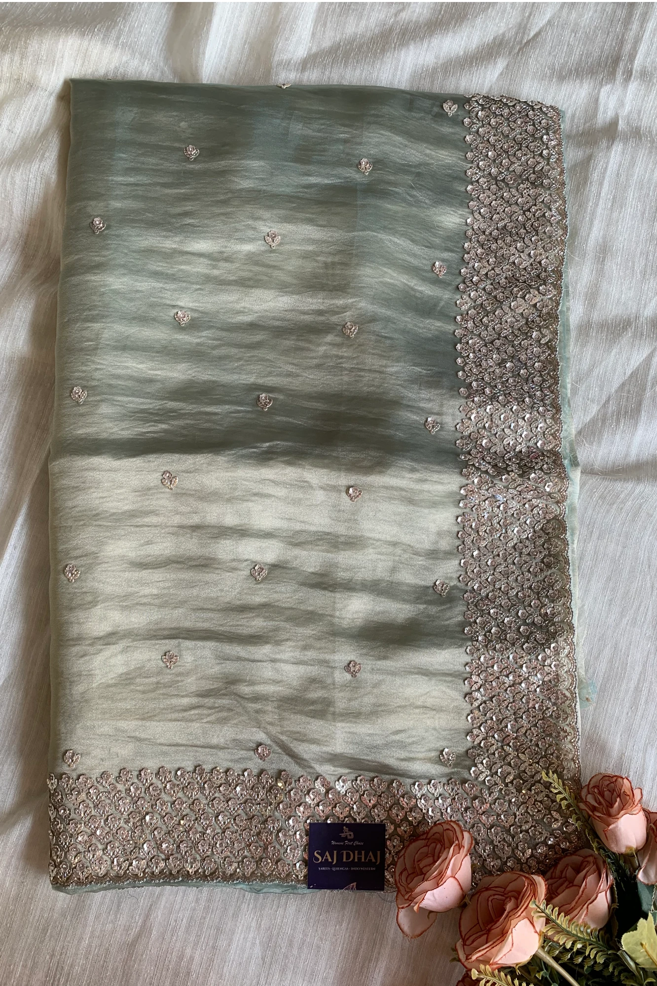 Sage Green Embellished Butter Organza Saree 5847 01