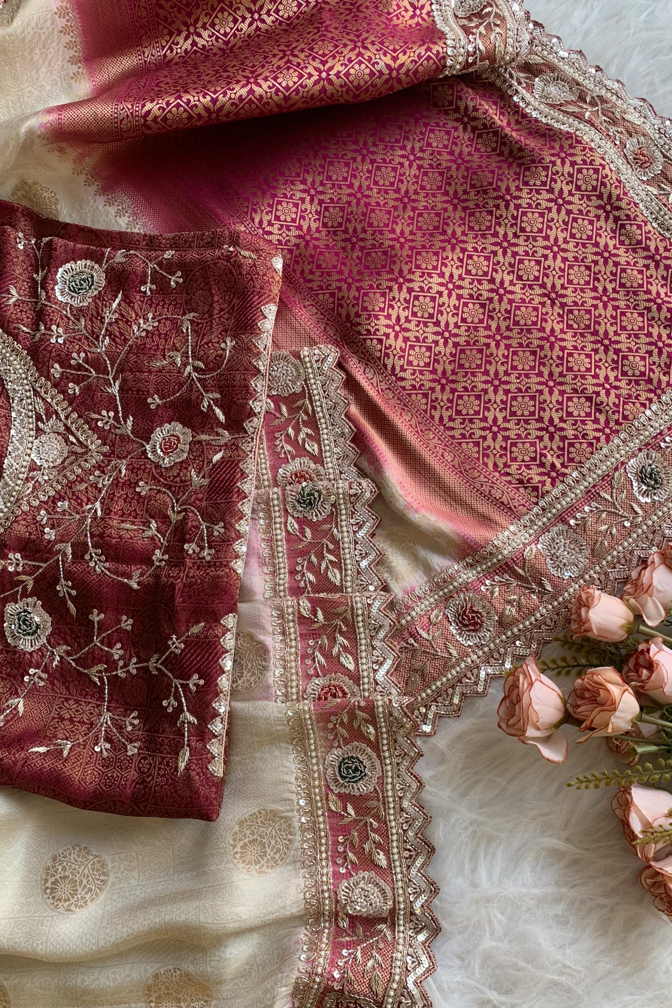 Ivory & Pink Banarasi Saree 5859 05