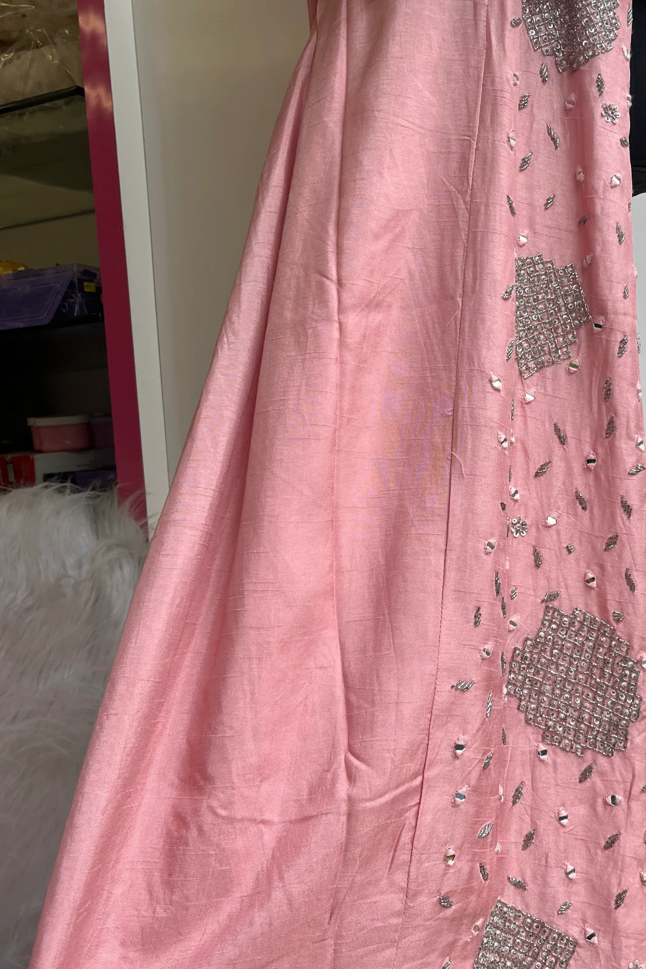 Blush Pink Russian Silk Blazer Set with Silver Stone & Cutdana Work 5147 09. (42)