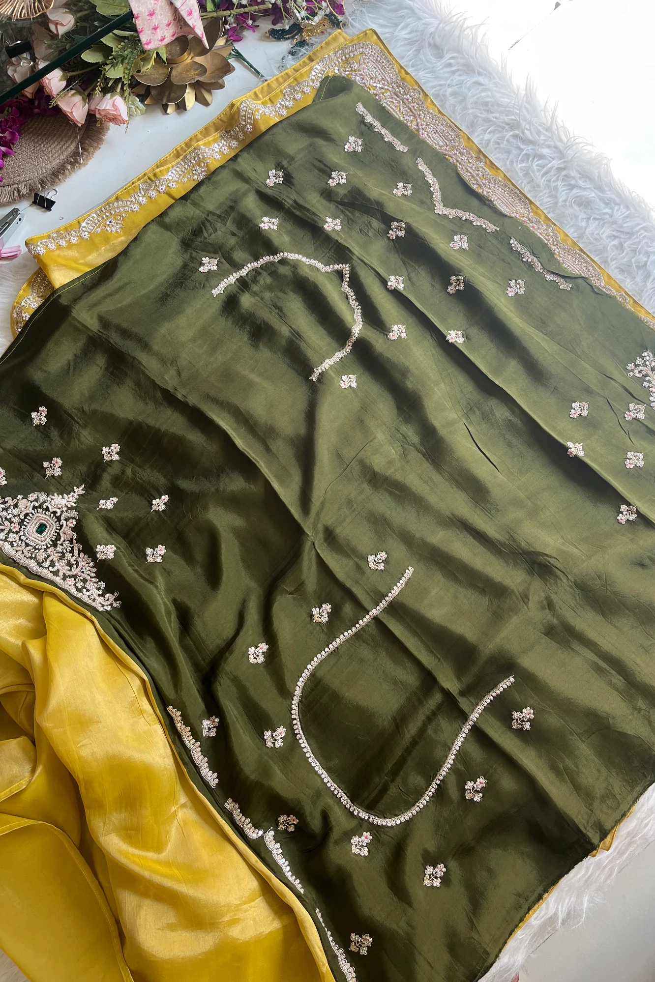 Mustard Tissue Organza Saree with Heavy Pallu 5650 14