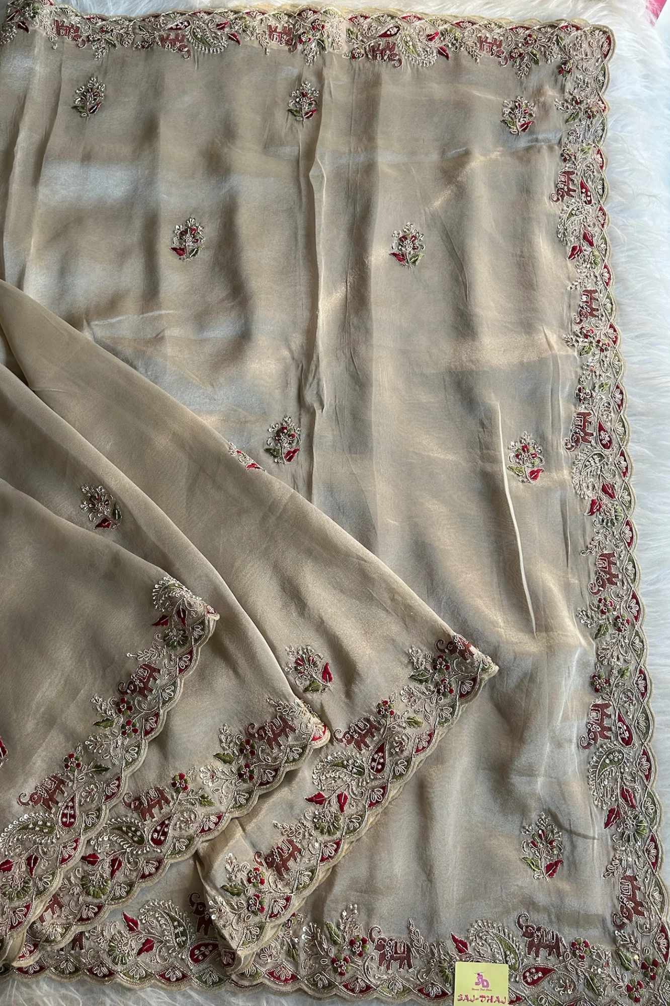 Beige Royal Motif Tissue Organza Saree 5657 07