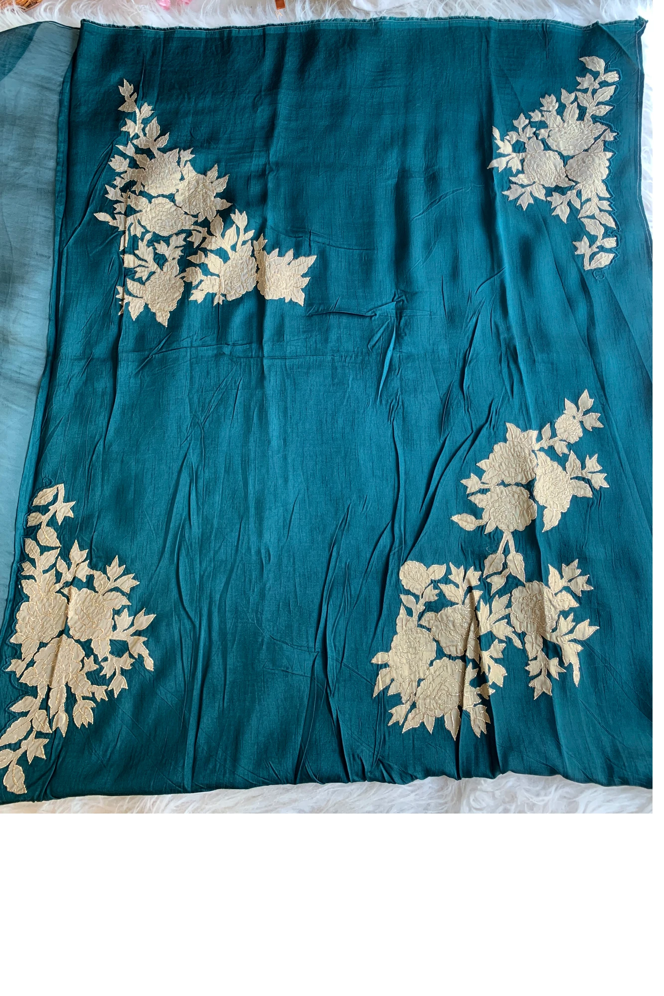 Peacock Blue Kora Silk Saree with Appliqué Border Work 5818 03