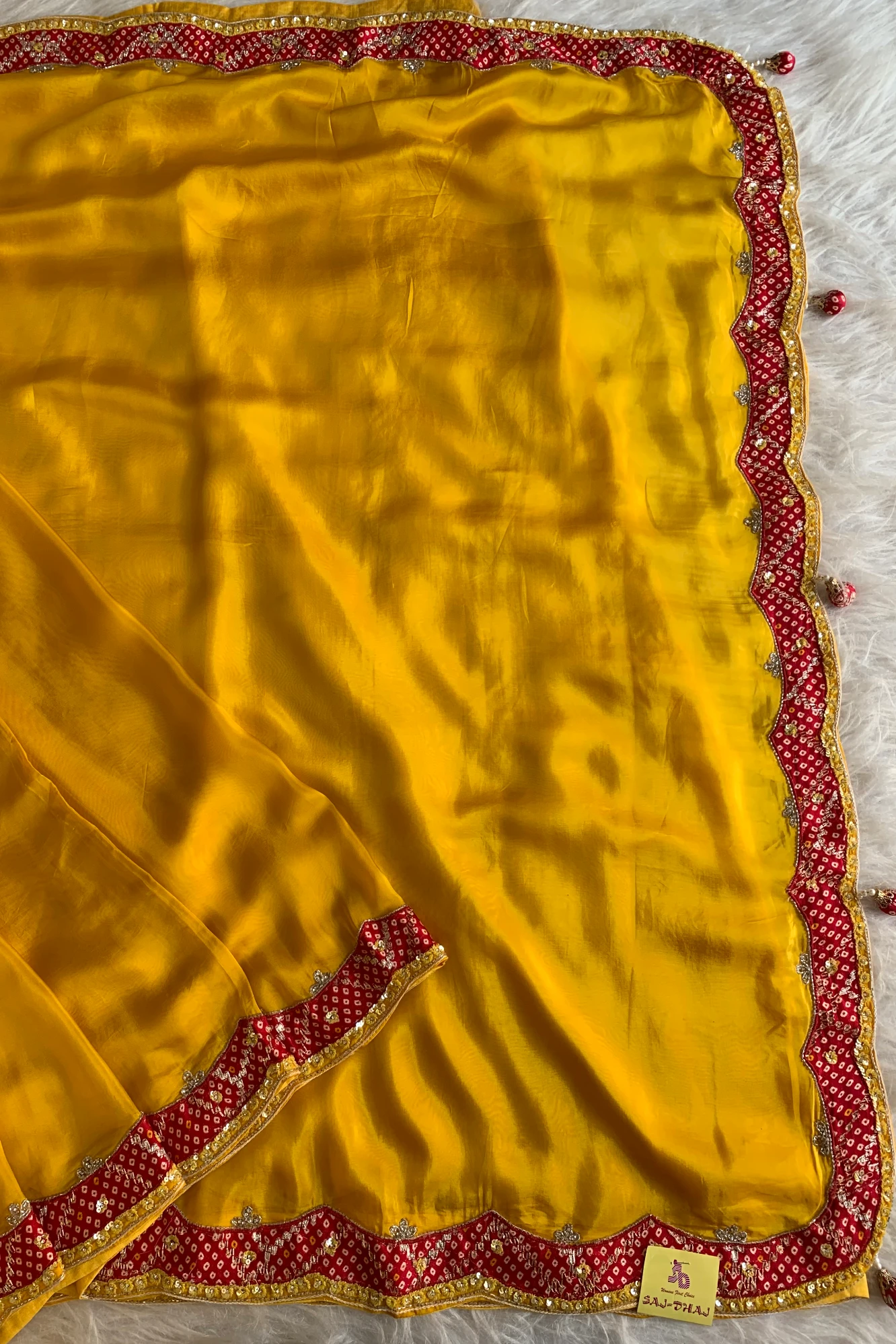 Yellow Habutai Silk Saree with Red Bandhej Border 5254 02