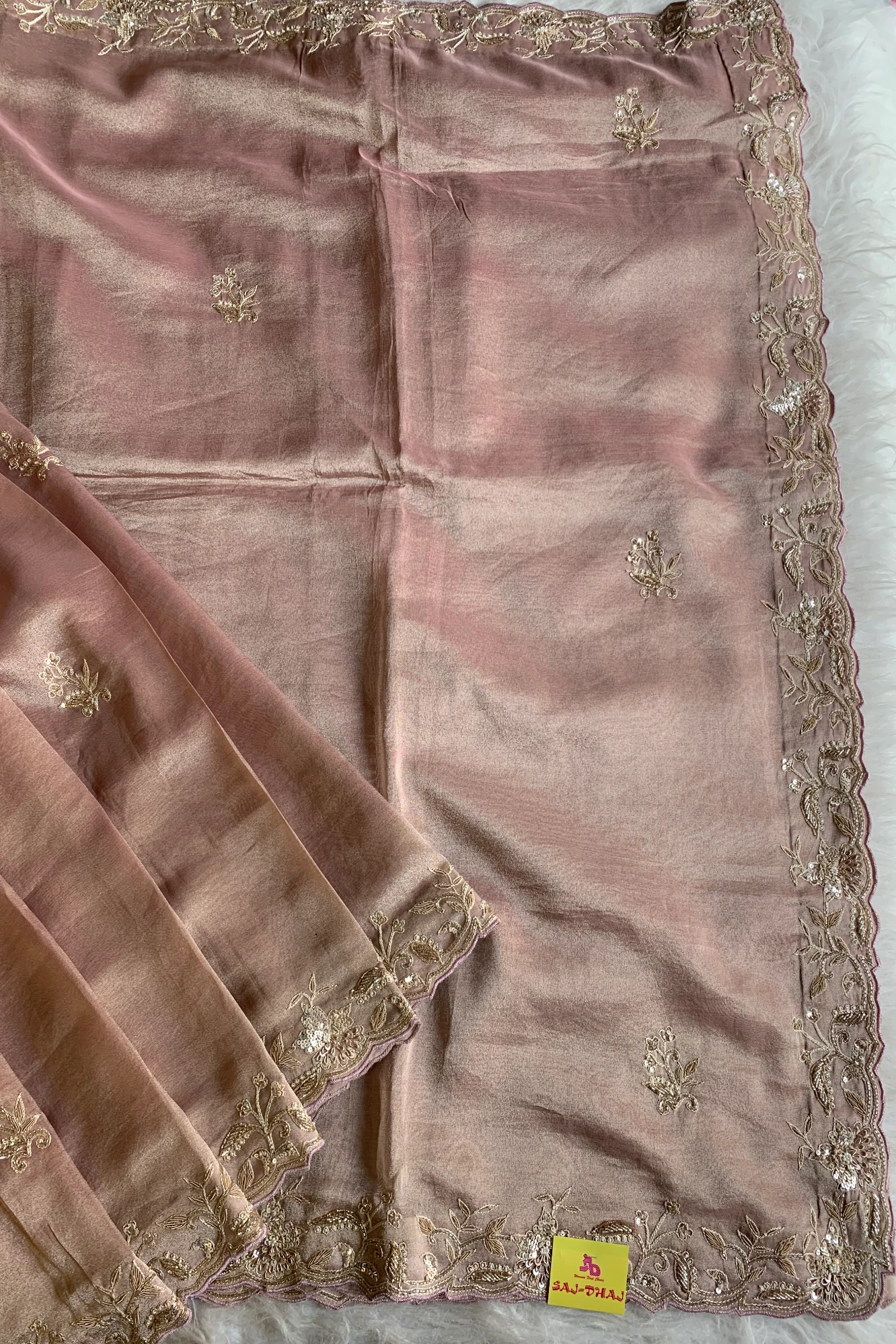 Beige Aari Thari Embellished Tissue Saree 5760 01