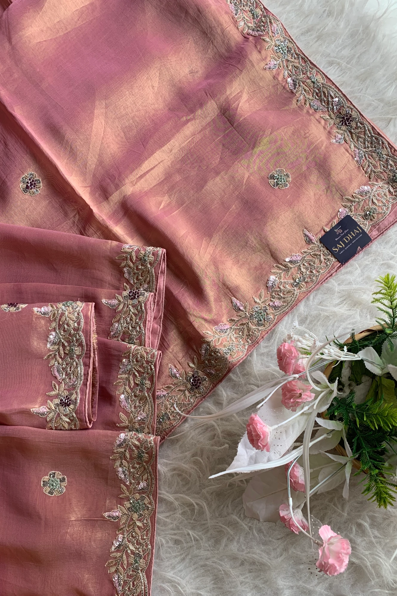 Peachy Pink Tissue Saree 5792 02