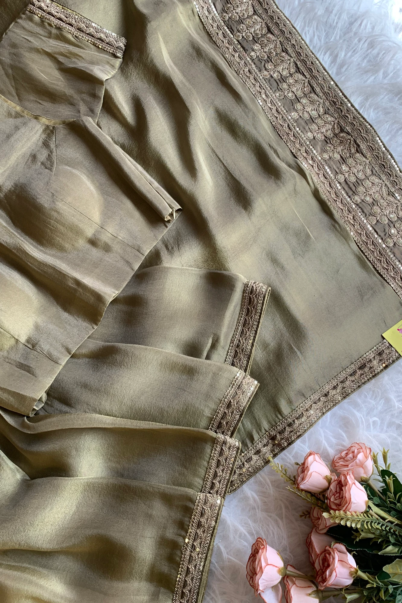 Dark Olive Green Aari Thari Tissue Saree 5087 02