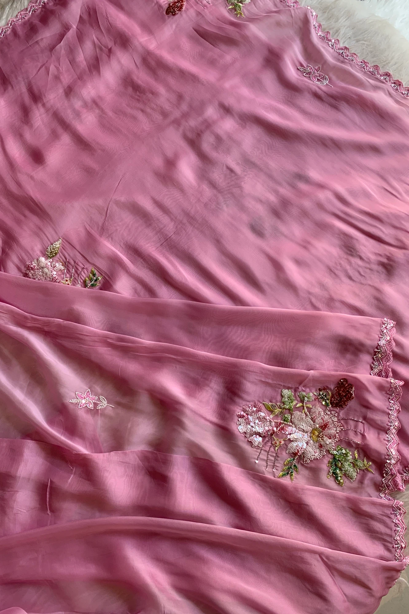 Baby Pink Floral Sequin Organza Saree 5651 24