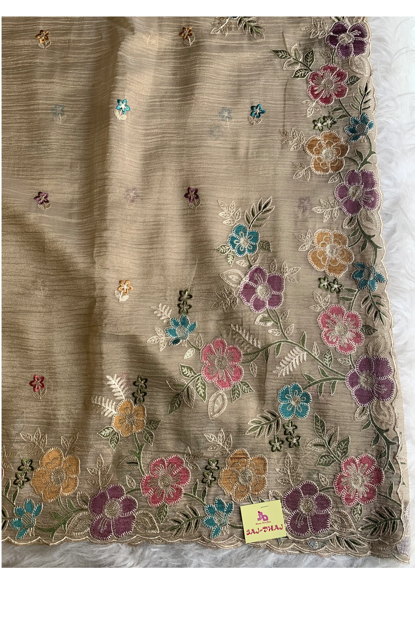 Cream Crush Tissue Organza Floral Saree 5773 04