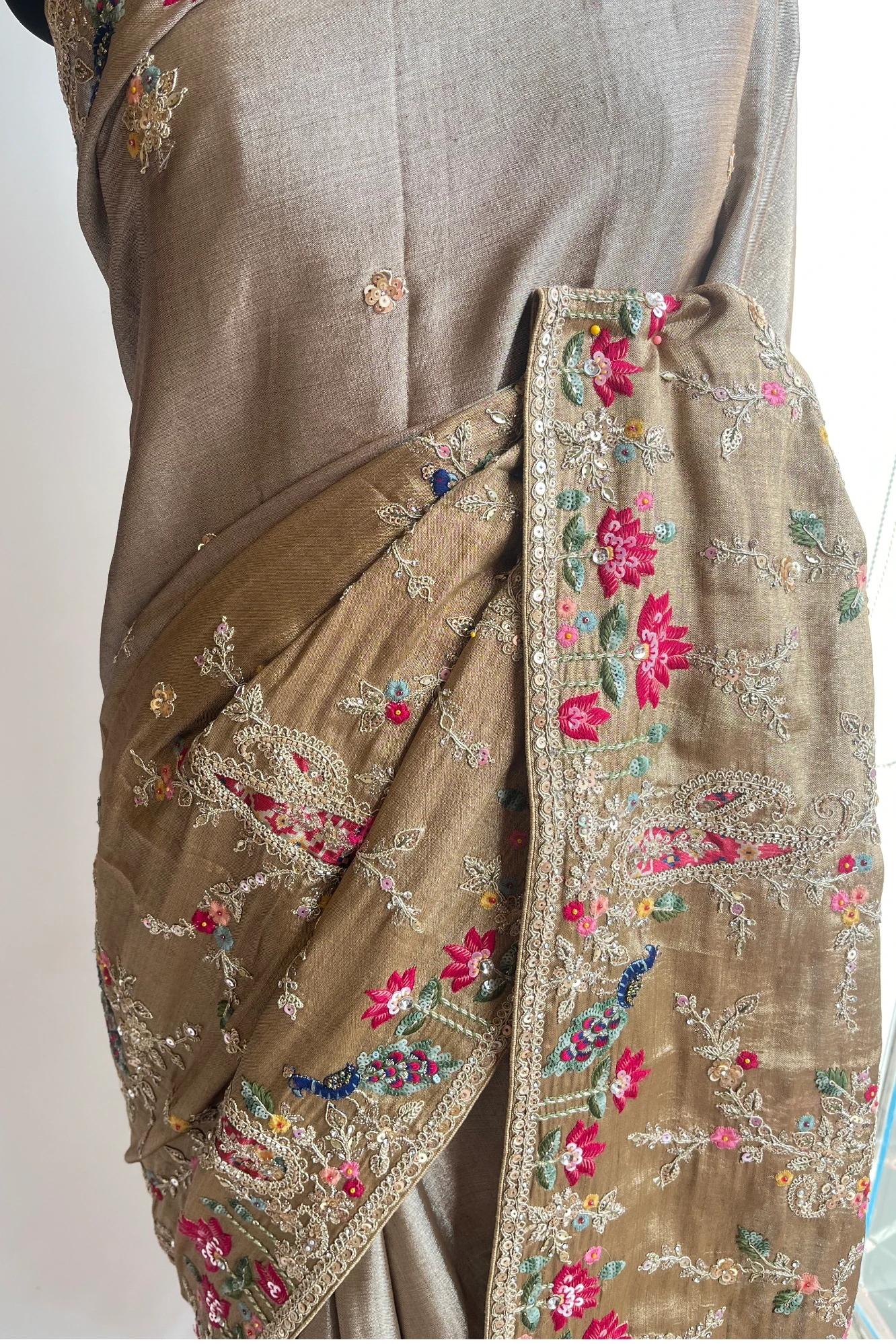 Beige Golden  Tone Kanchi Silk Saree with Peacock Motifs, Aari Dori, Thread & Stone Work 5560 08
