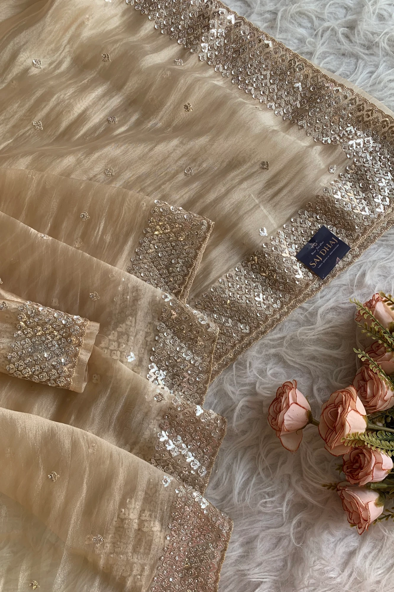 Champagne Gold Embellished Butter Organza Saree 5847 01