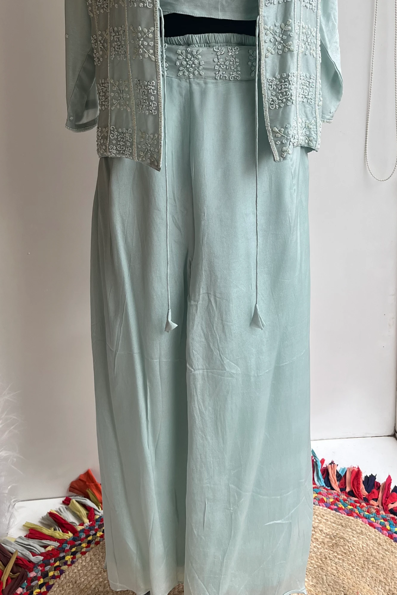 Cyan Russian Silk Blazer Set with Pearl & Bead Embellishments 5172 02 (42)