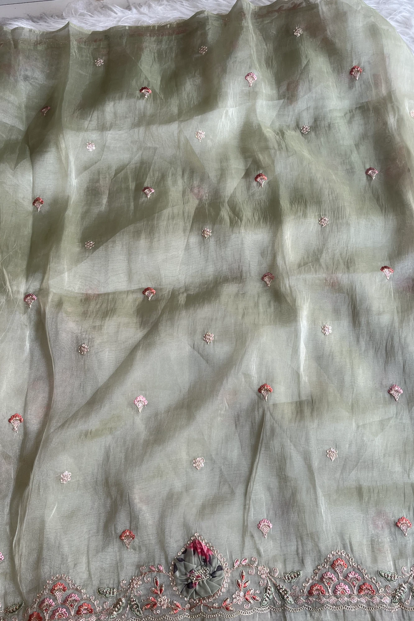 Mint Green Tissue Organza Saree with Dori & Appliqué Work 5727 09