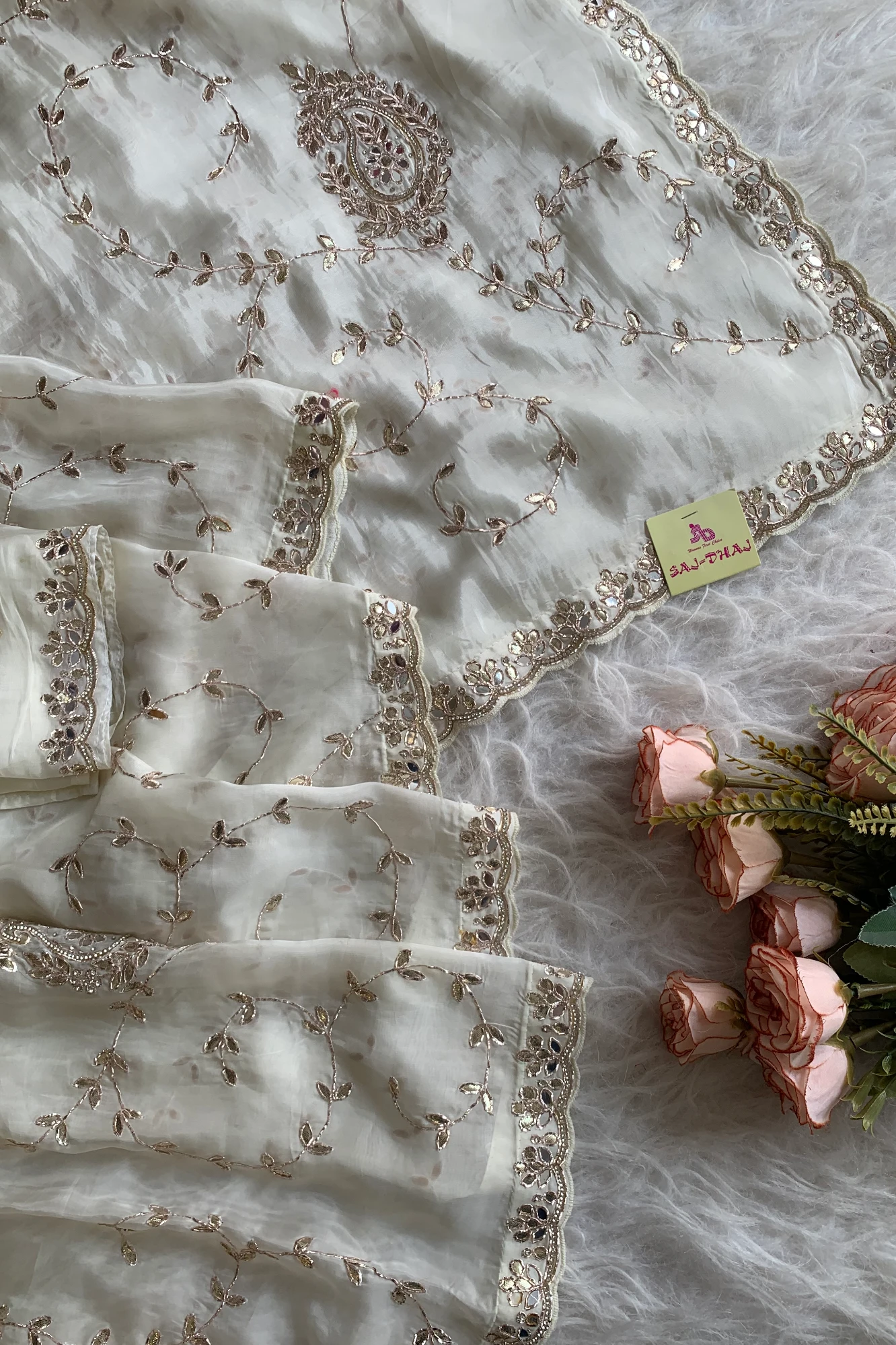White Habutai Silk Saree 5143 13