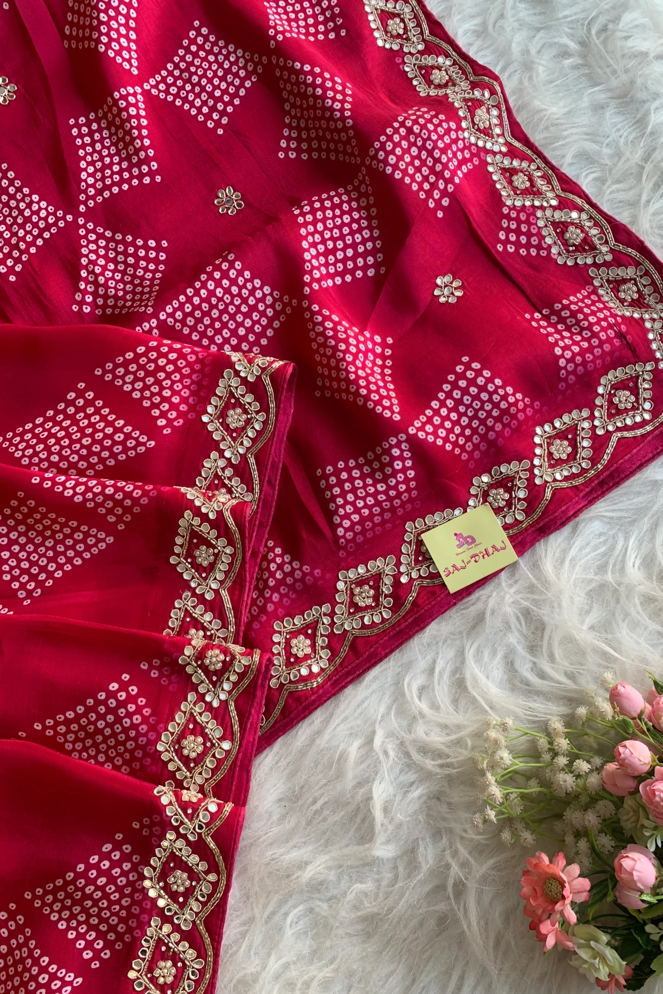Rani Pink Printed Bandhej Russian Silk Saree 5308 07
