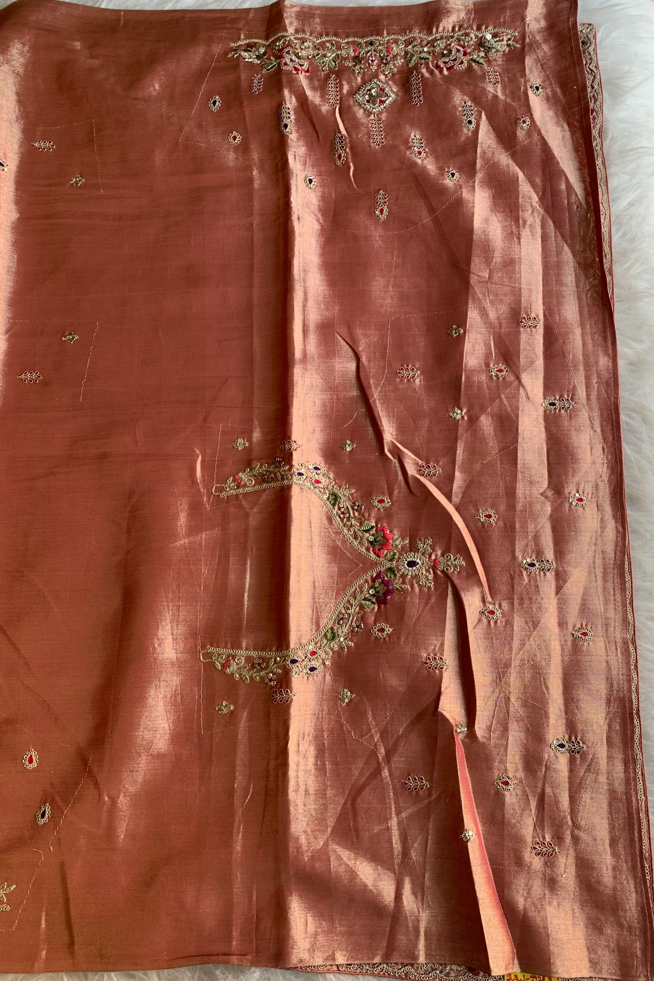 Peach Applique Embellished Tissue Saree 5729 01