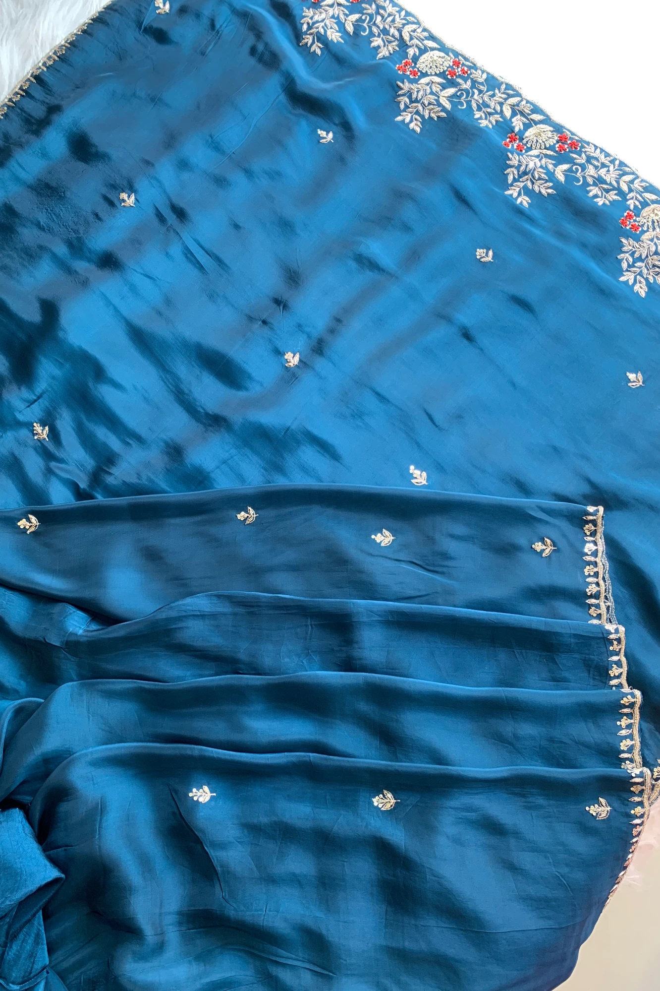 Peacock Blue Embroidered Habutai Silk Saree 5535 09