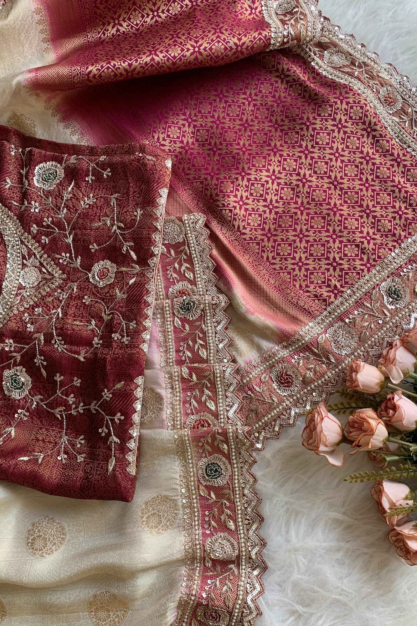 Ivory & Pink Banarasi Saree 5659 05