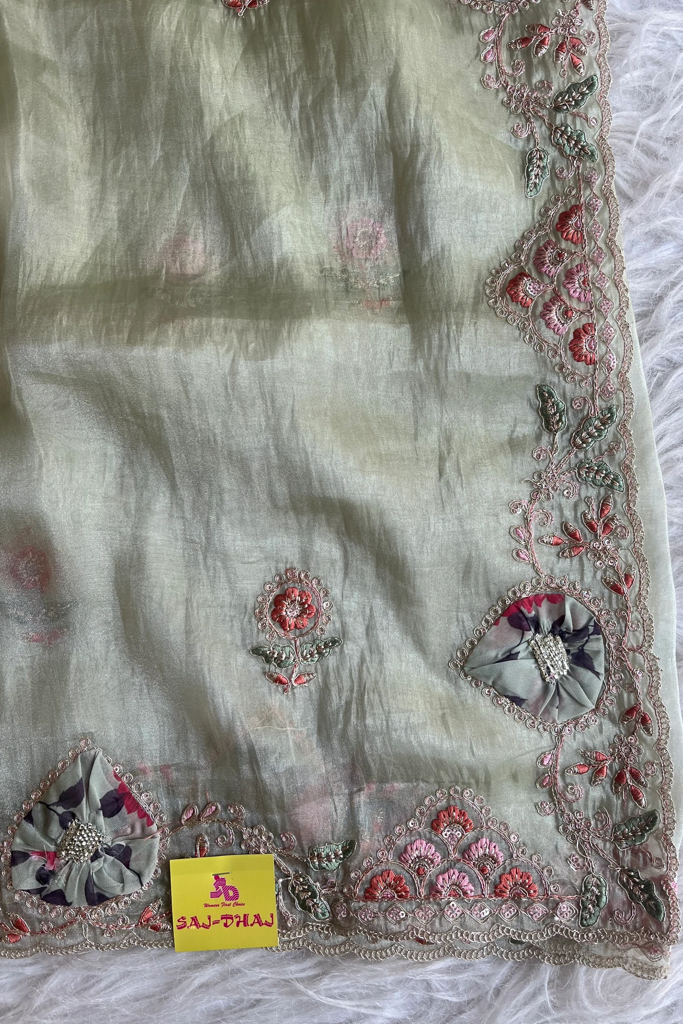 Mint Green Tissue Organza Saree with Dori & Appliqué Work 5727 09