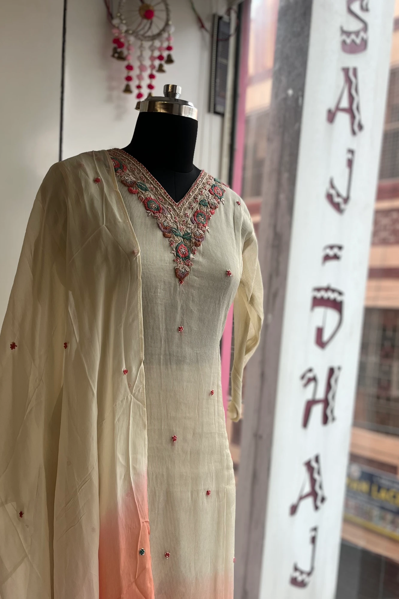Off-White Tissue Silk Kurti with Zardosi & Dori Work – Shaded Dupatta & Pants Set 5158 02
