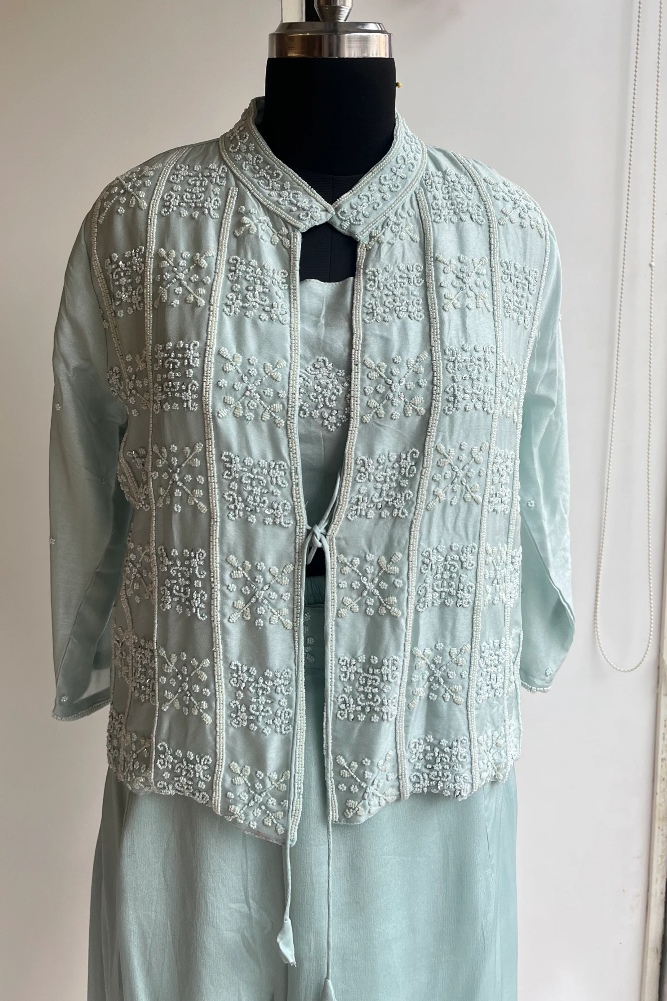 Cyan Russian Silk Blazer Set with Pearl & Bead Embellishments 5172 02 (42)