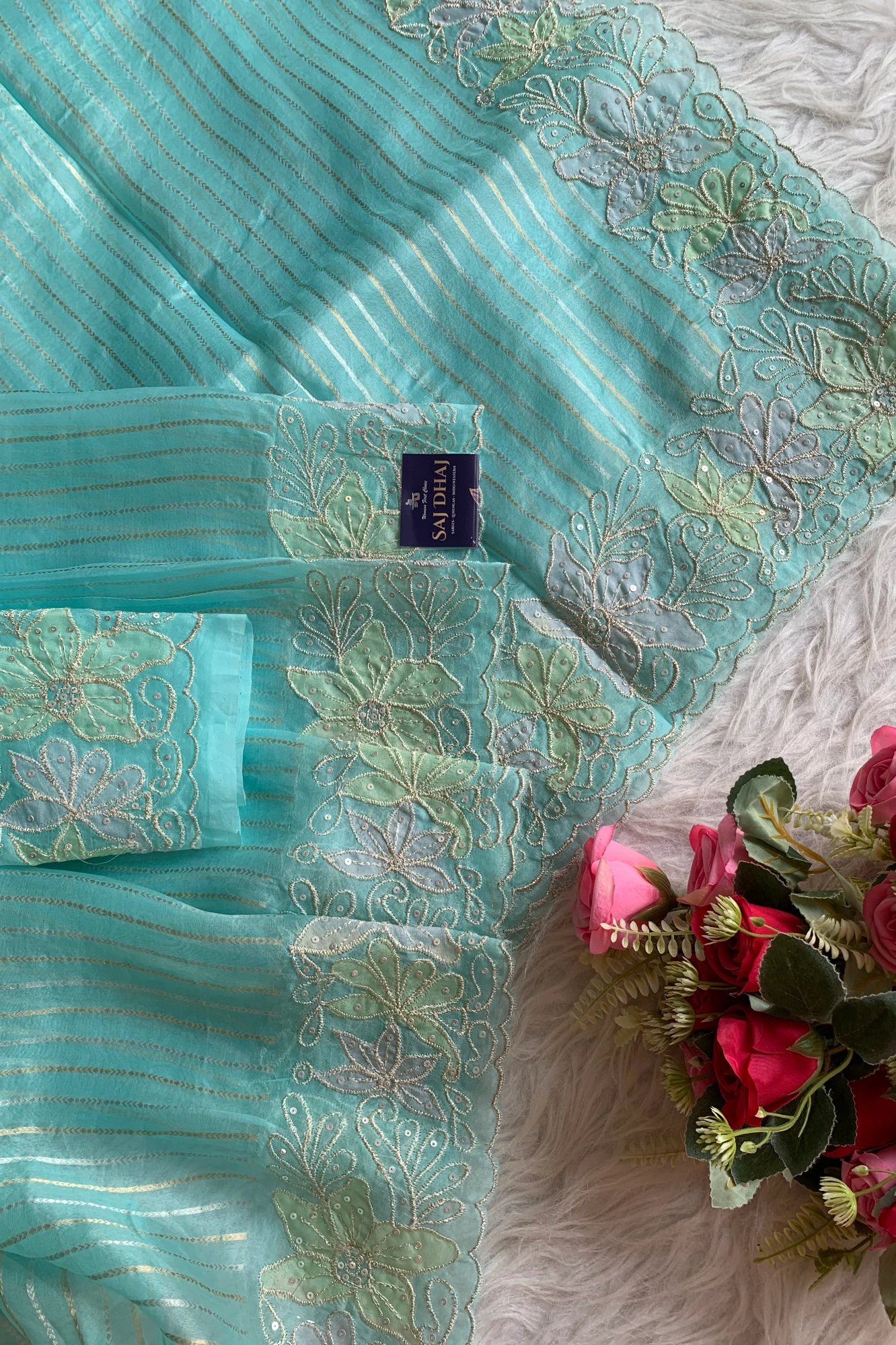 Sea Blue Applique Embellished Silk Organza Saree 5844 12