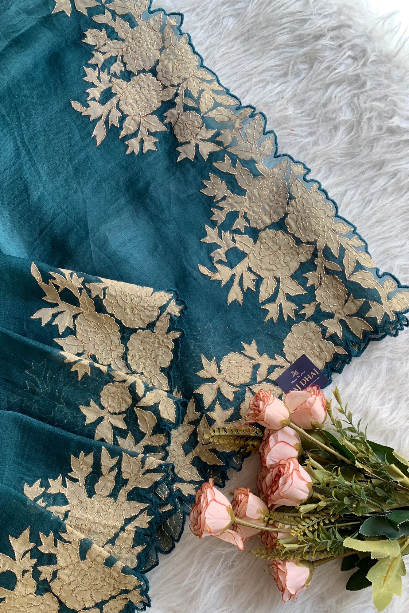 Peacock Blue Kora Silk Saree with Appliqué Border Work 5818 03
