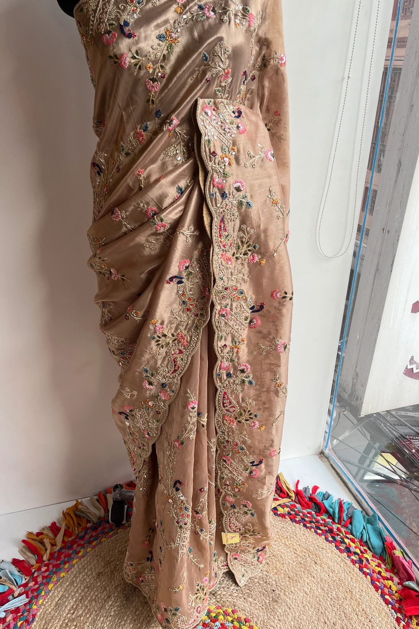Golden Tissue Saree with Peacock Motifs, Aari Dori, Thread & Stone Work 5560 11