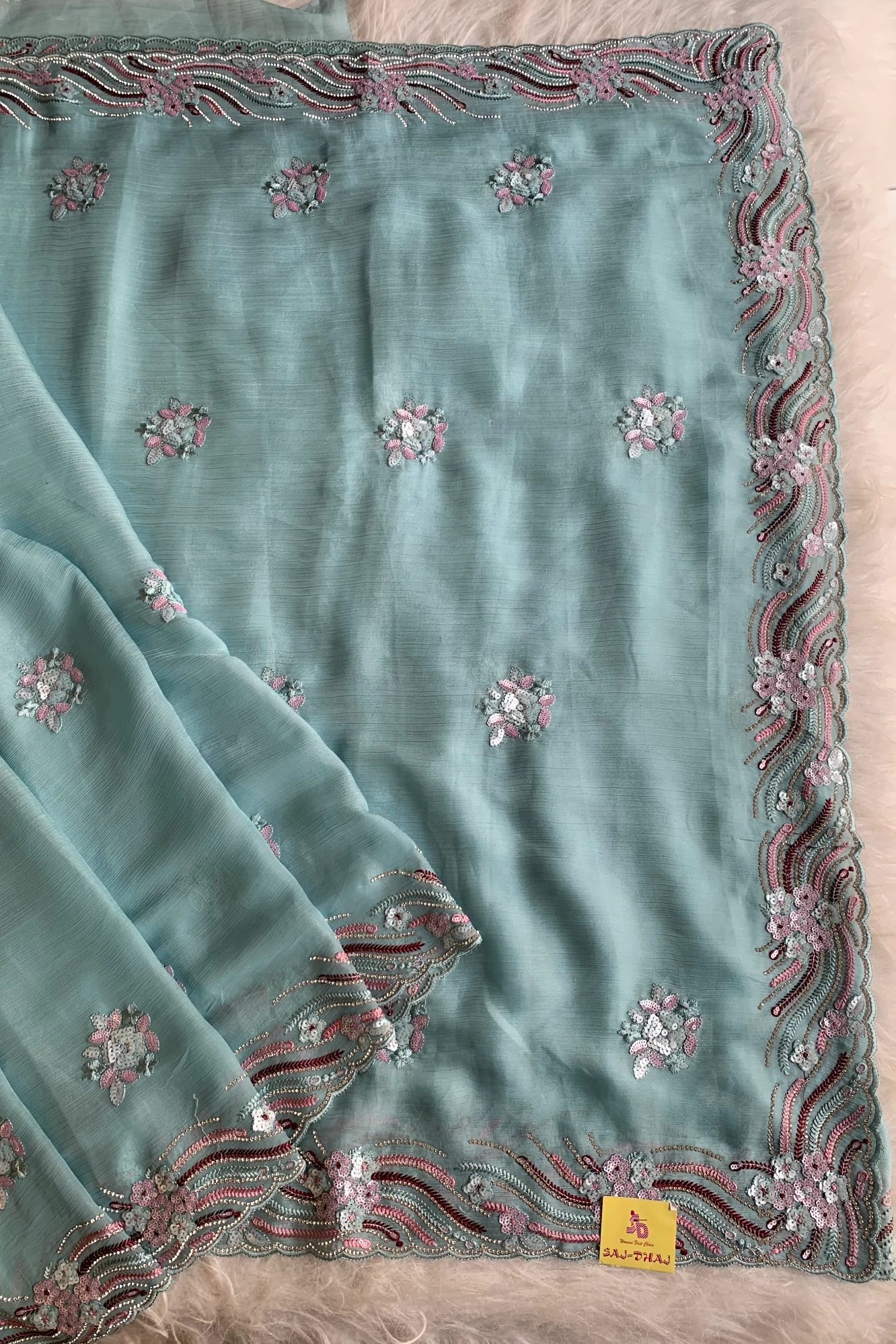 Sea Blue Embroidered Chinnon Georgette Saree 4894 01