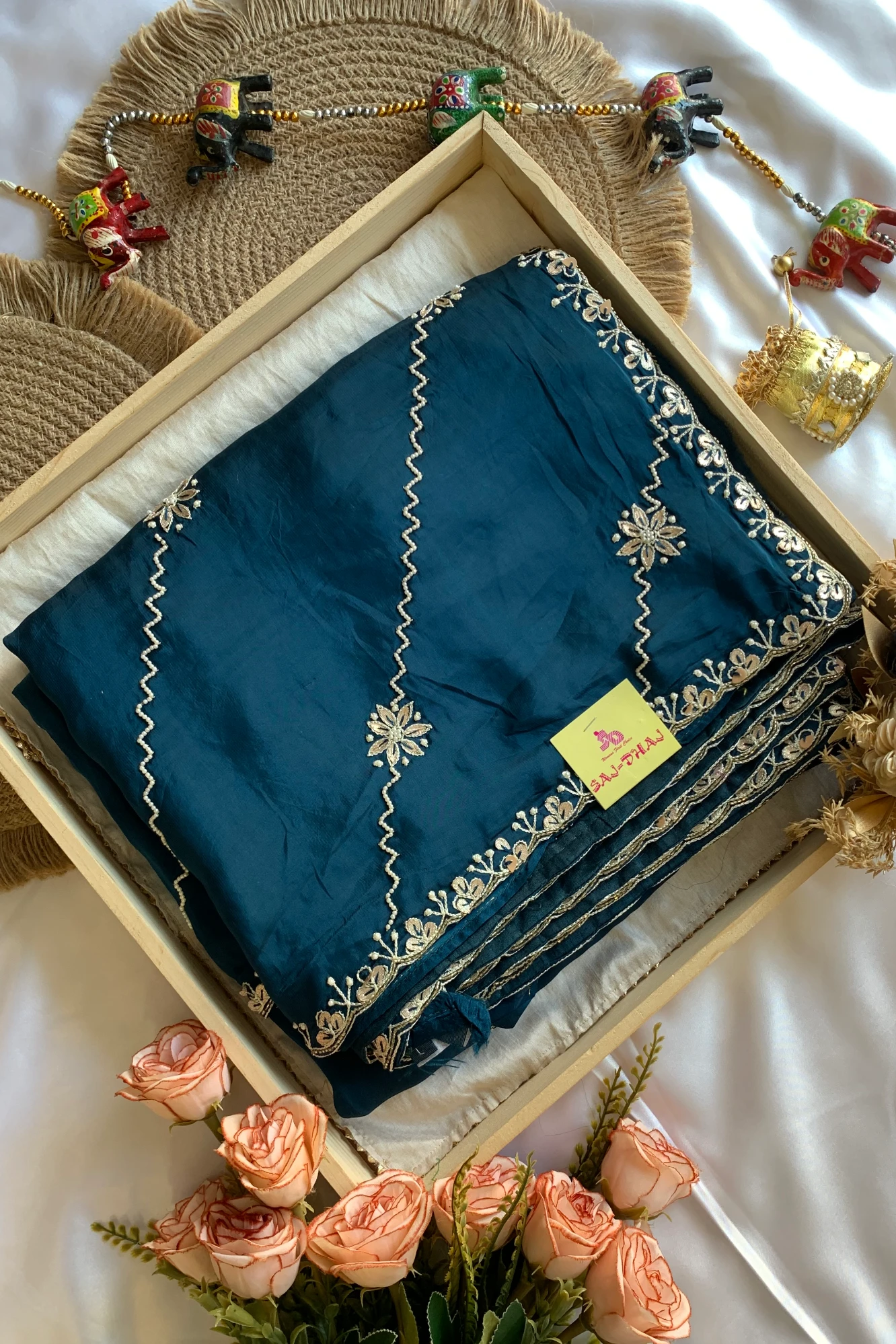 Peacock Blue Habutai Silk Saree 5659 11