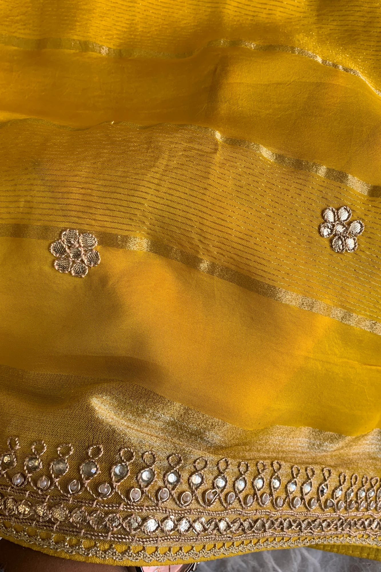 Yellow Banarasi Silk Saree with Green Ajrakh Blouse 5272 09