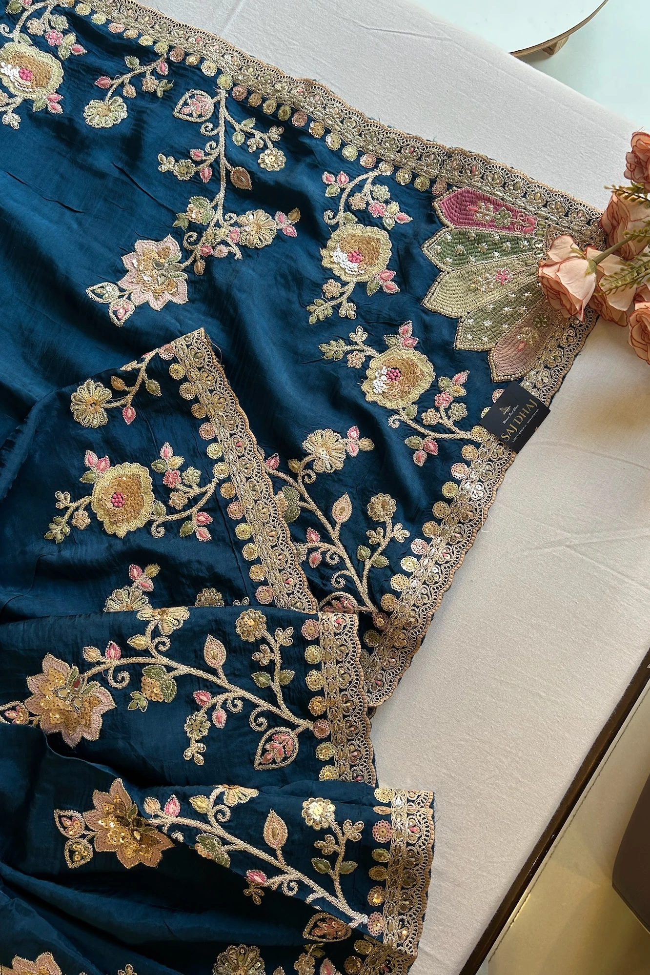 Peacock Blue Saree with Multicolour Embroidery 5786 01