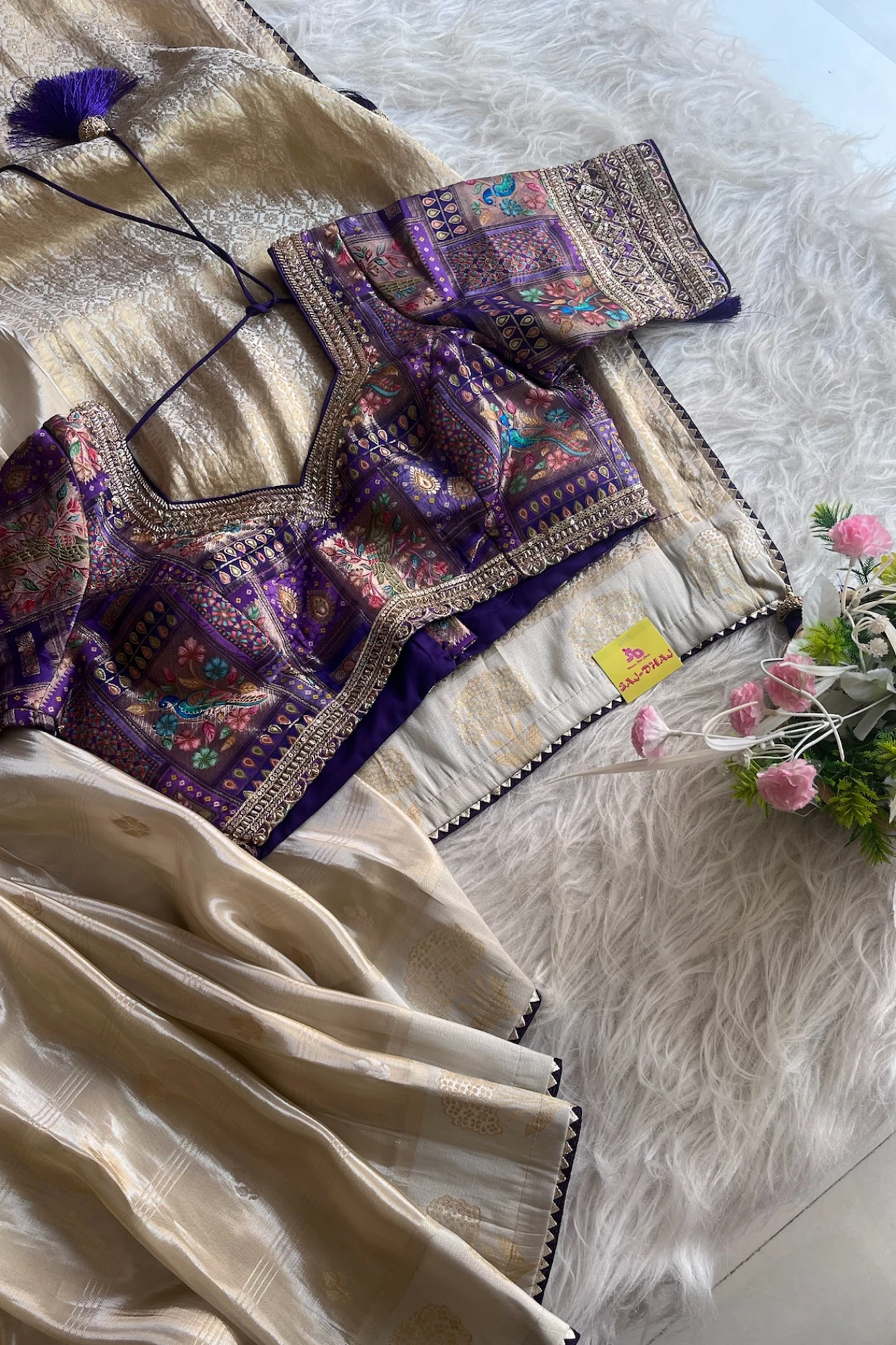 Ivory Banarasi Saree with Purple Jamawar Blouse