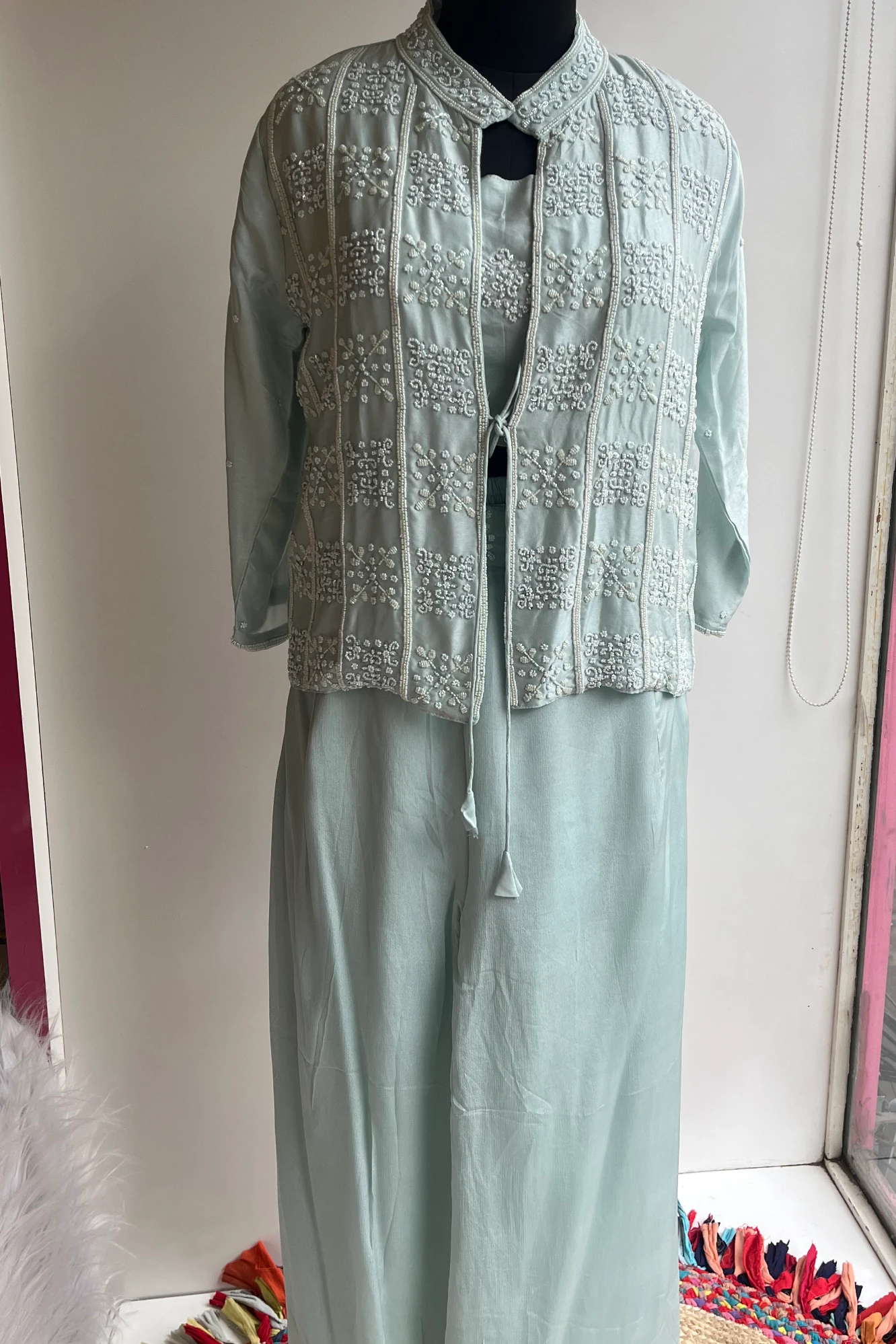 Cyan Russian Silk Blazer Set with Pearl & Bead Embellishments 5172 02 (42)