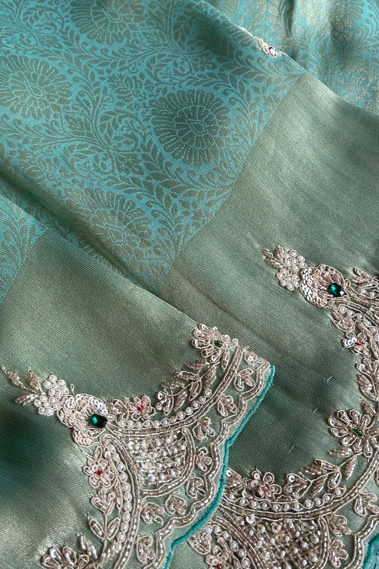 Kanchipuram Silk Saree with  Weaving, Zardosi, Sequins & Gem Embellishments 5650 12 (Green)