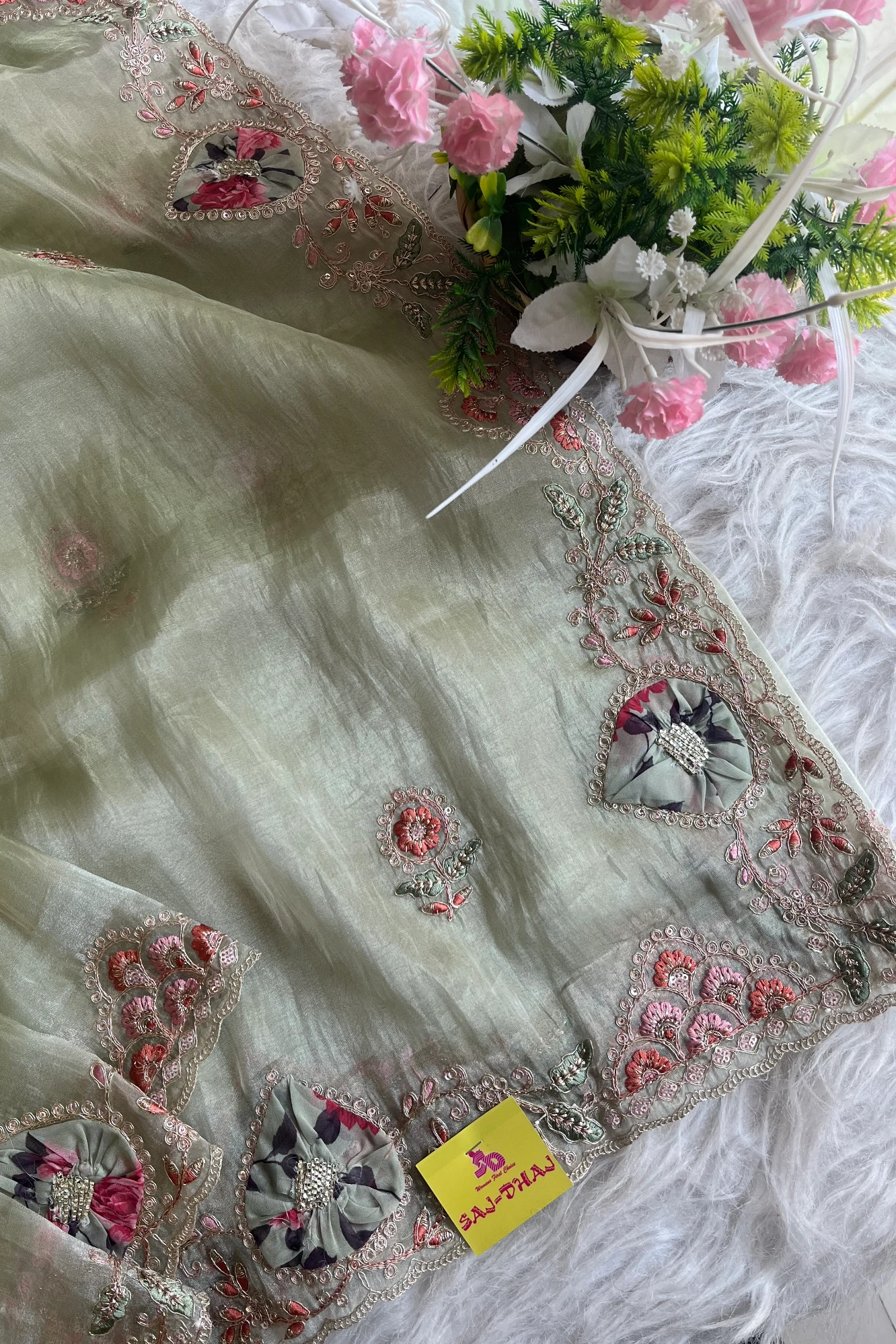 Mint Green Tissue Organza Saree with Dori & Appliqué Work 5727 09