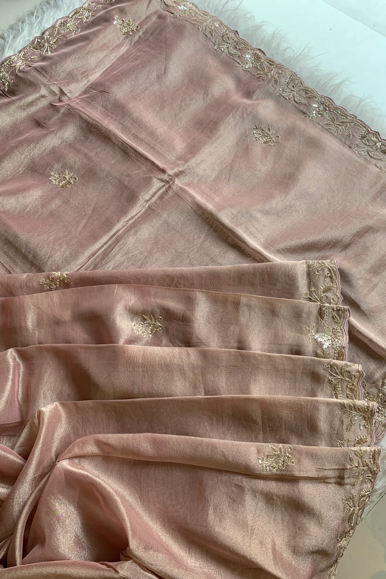 Beige Aari Thari Embellished Tissue Saree 5760 01