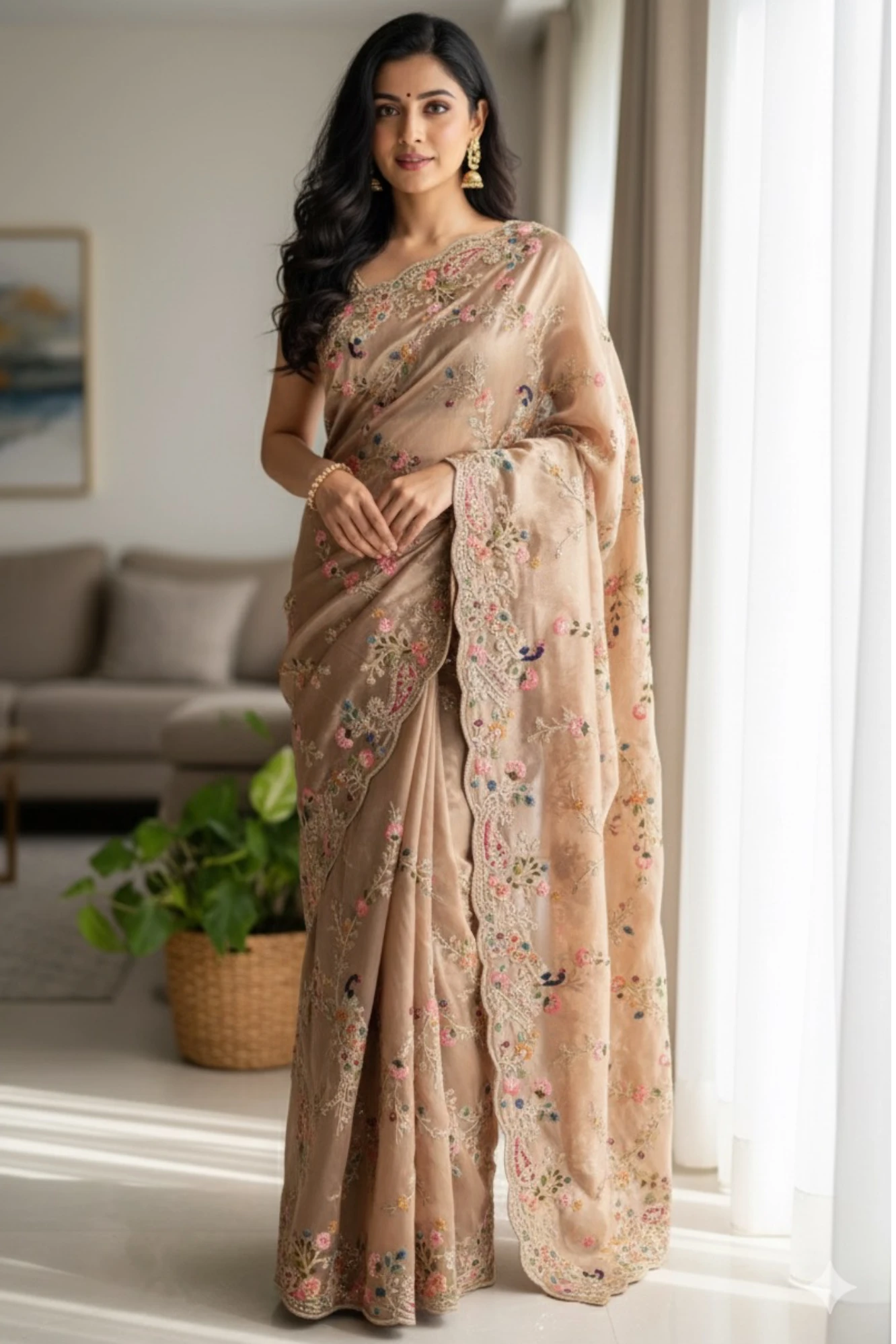 Golden Tissue Saree with Peacock Motifs, Aari Dori, Thread & Stone Work 5560 11