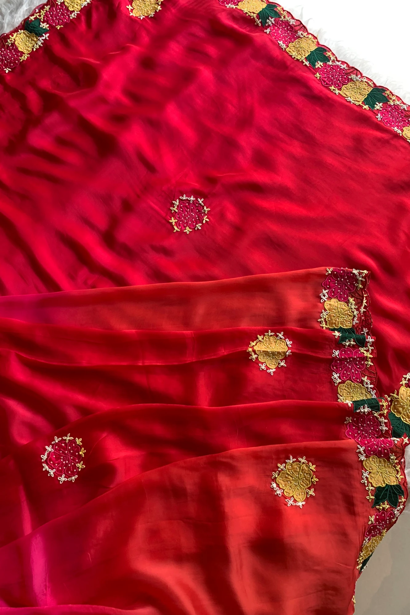 Shaded Red Applique Habutai Silk Saree 5650 13