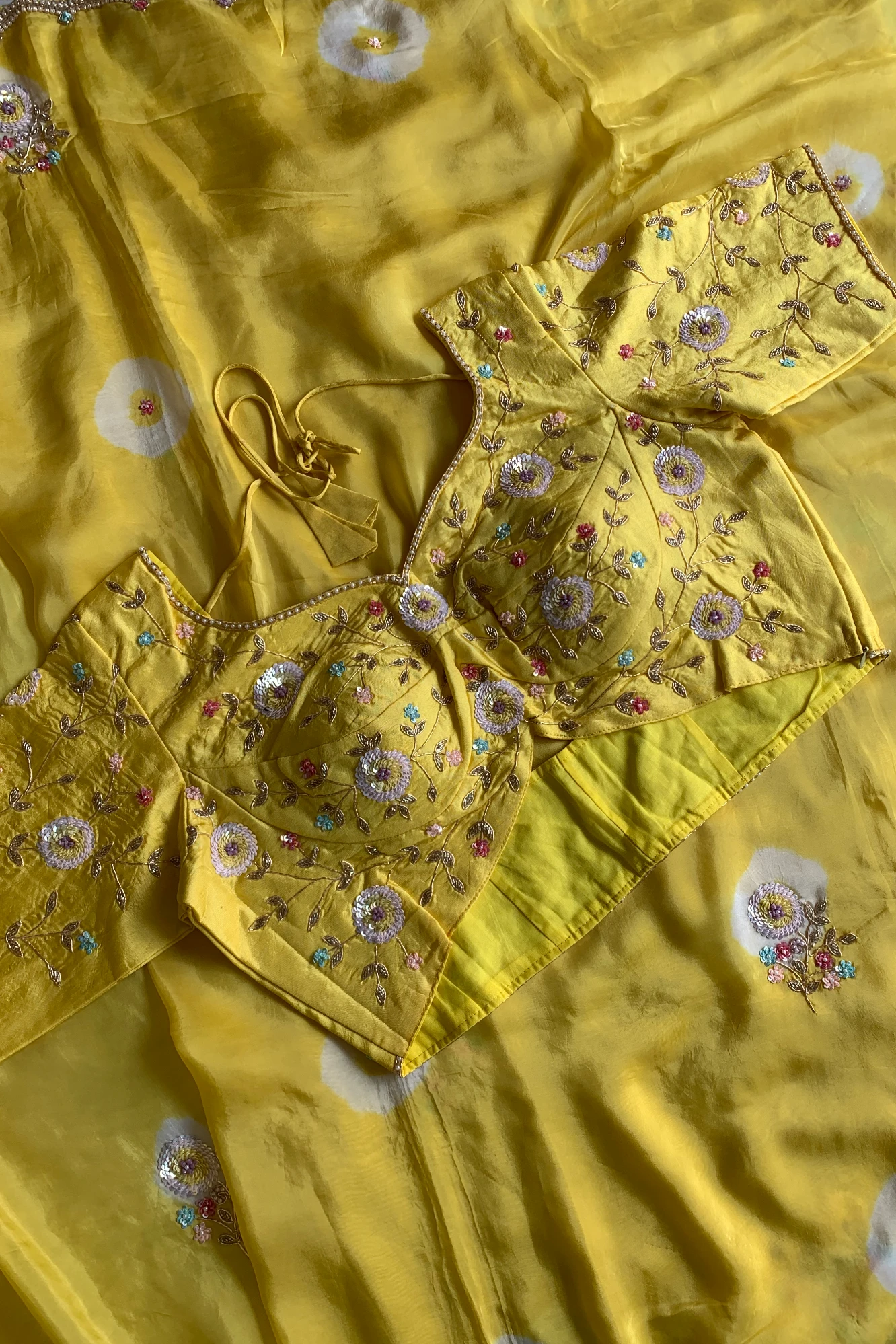 Lemon Yellow Habutai Silk Saree Tie&Dye Design 5650 09