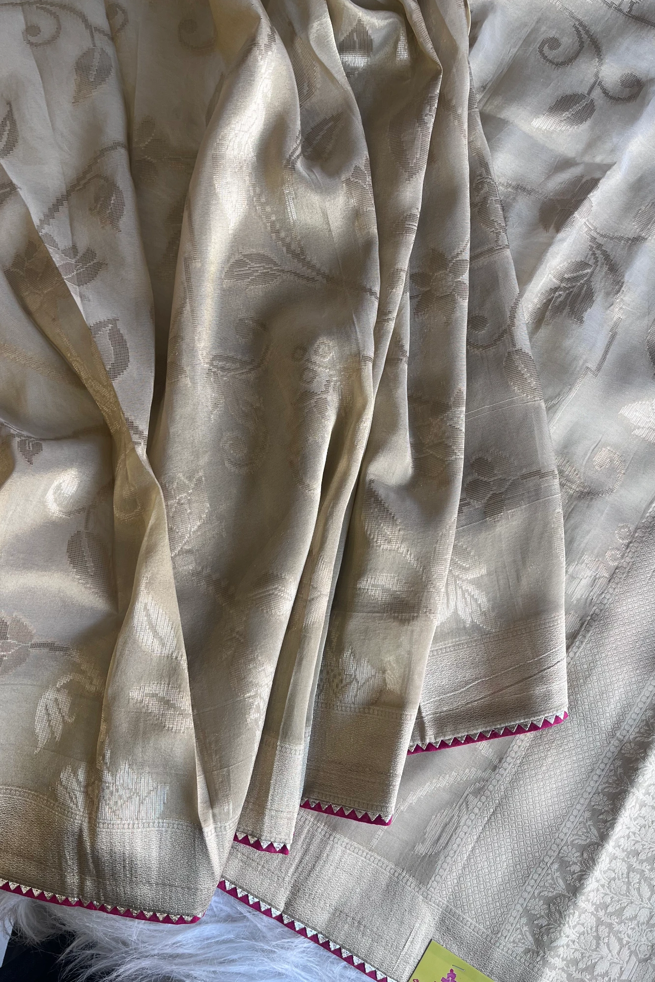 Beige Banarasi Saree with Red Jamawar Blouse