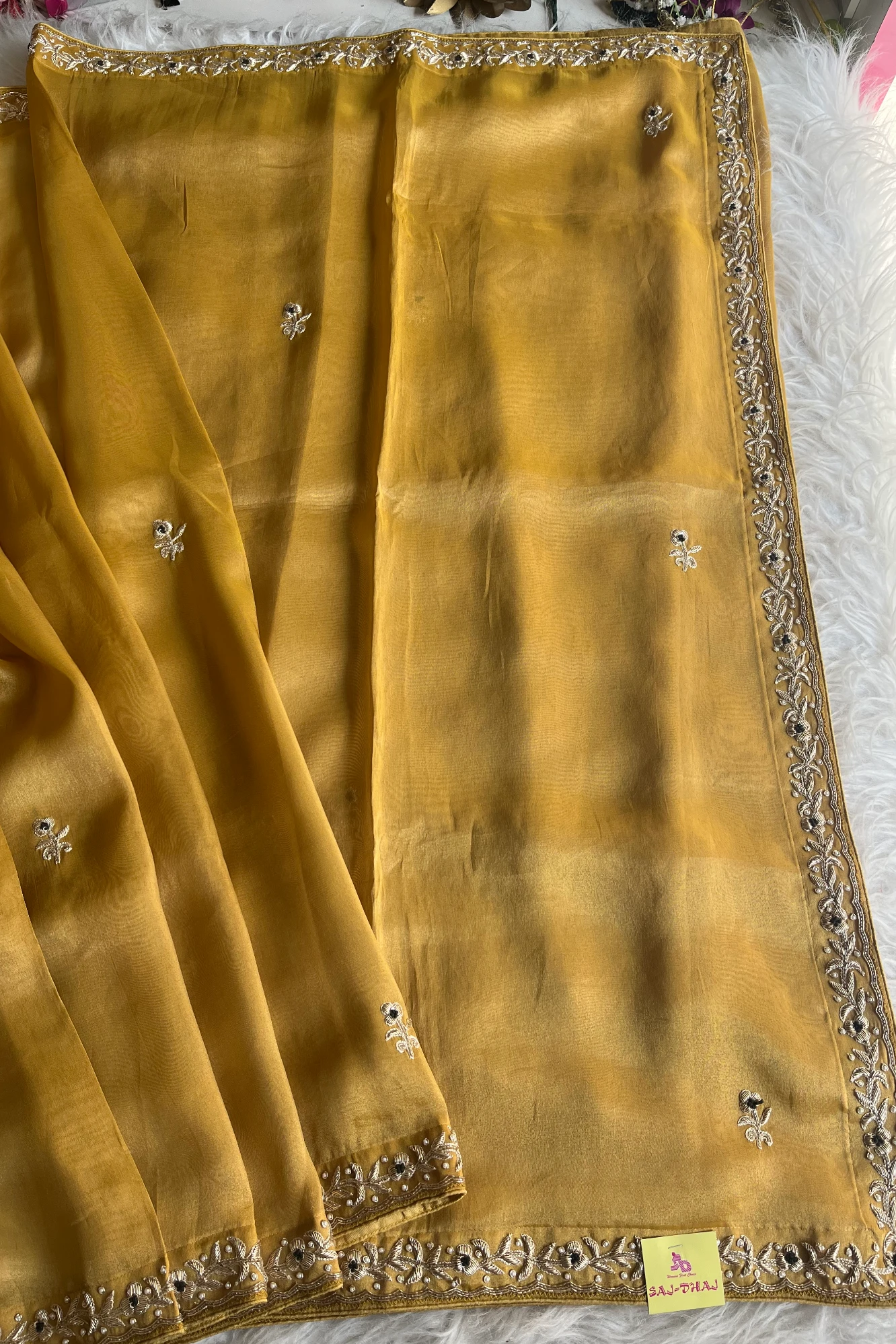 Dull Mustard Yellow Tissue Saree with Zardosi Border & Green Blouse 5525 09