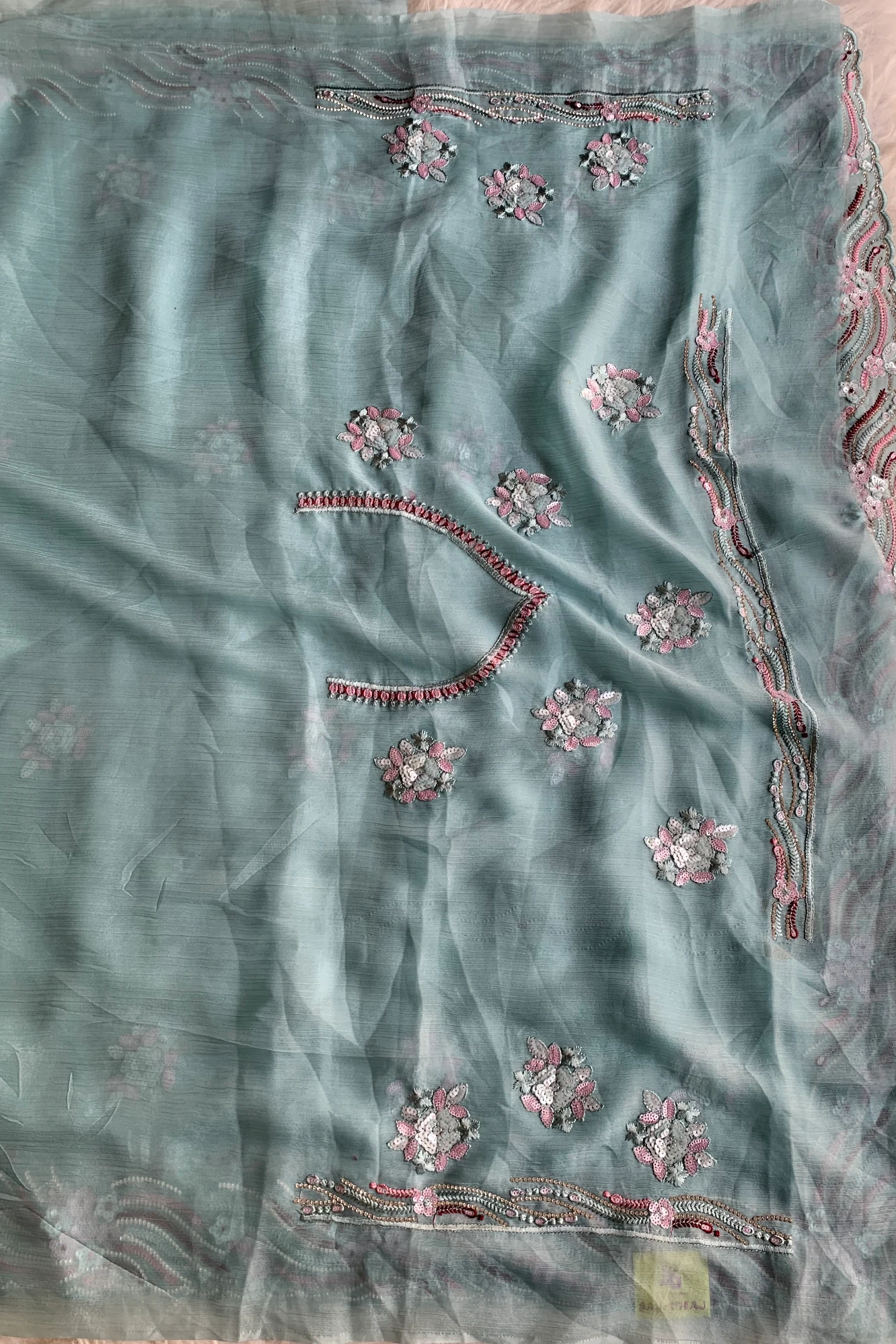 Sea Blue Embroidered Chinnon Georgette Saree 4894 01