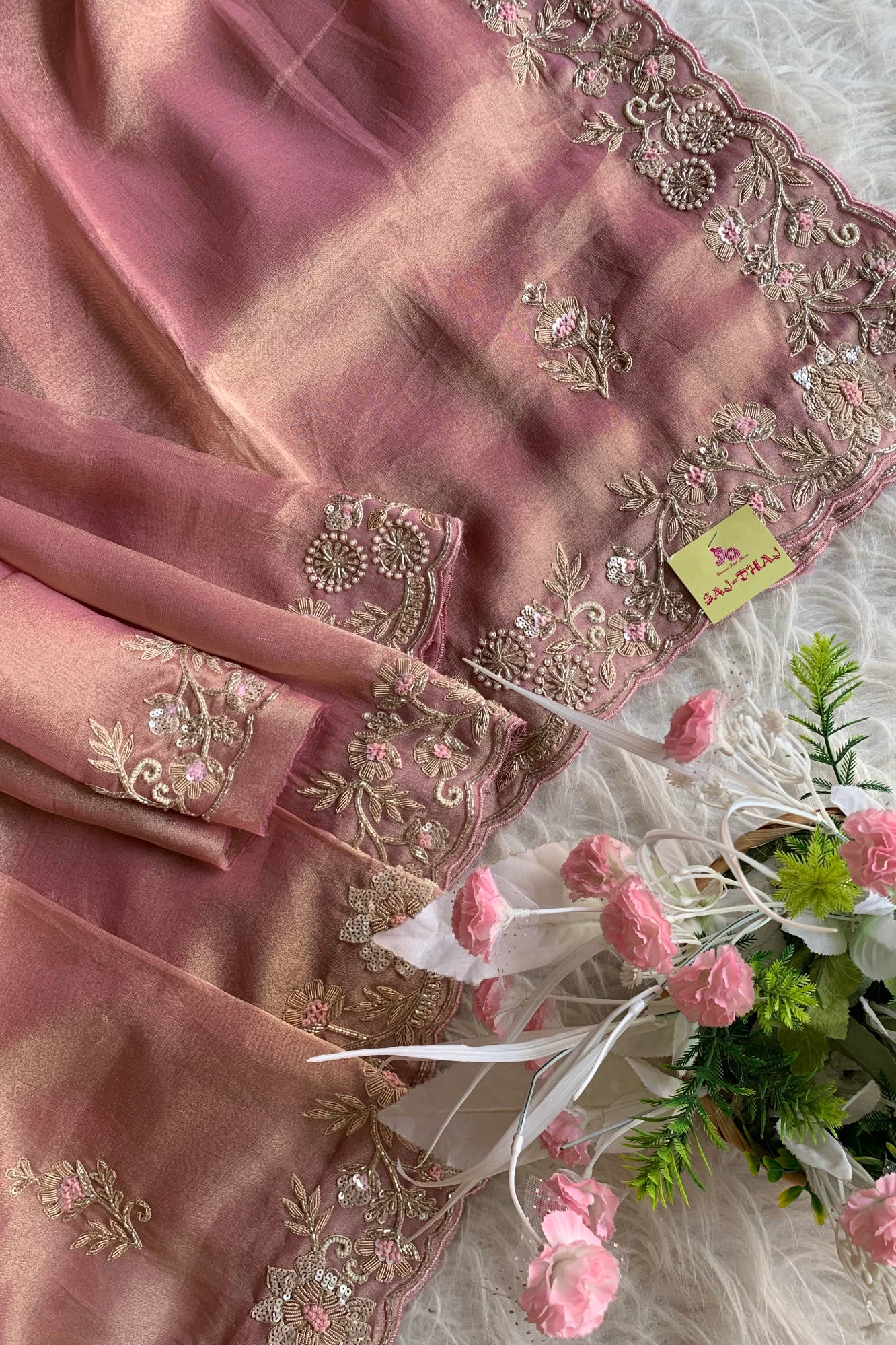 Onion Pink Embellished Tissue Saree 5664 05