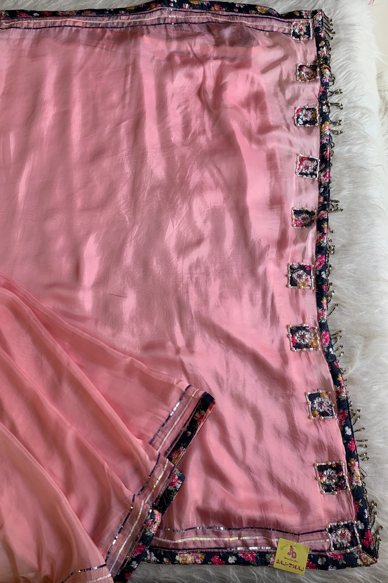 Baby Pink Floral Appliqué Habutai Silk Saree 5128 04