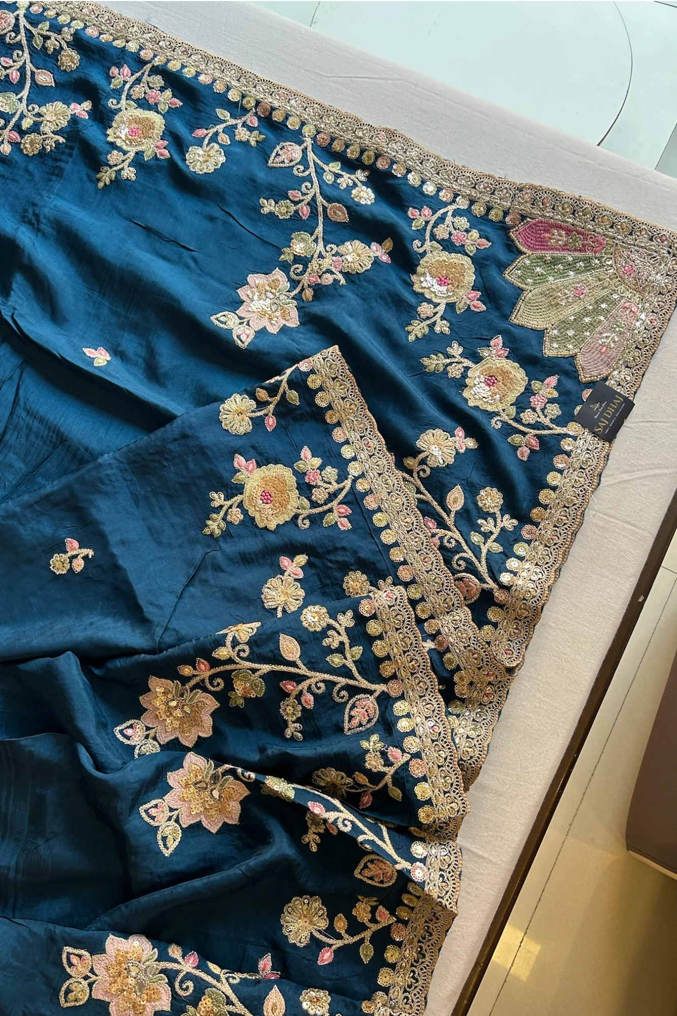 Peacock Blue Saree with Multicolour Embroidery 5786 01