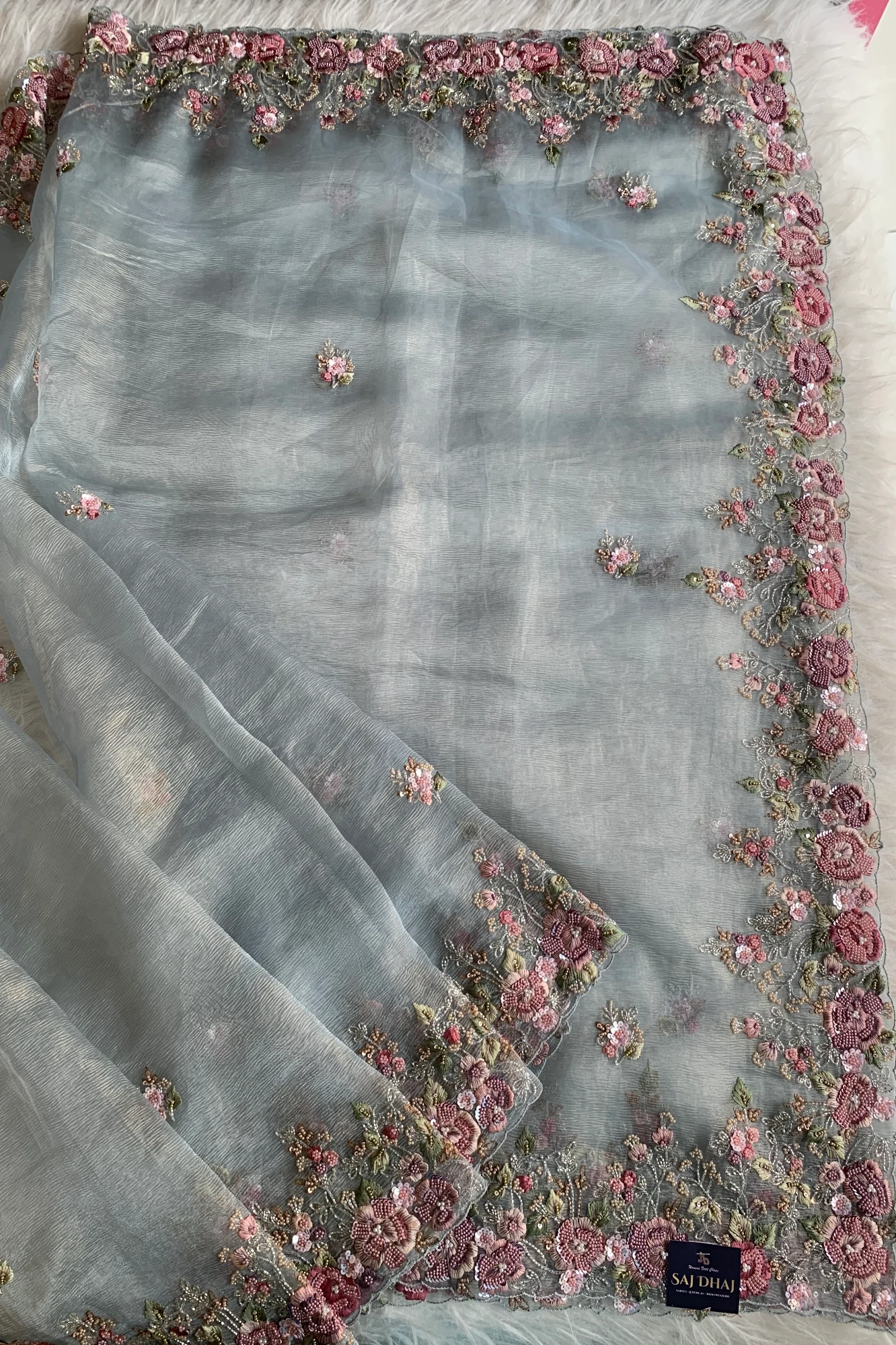Sky Blue Crush Organza Saree 5649 05