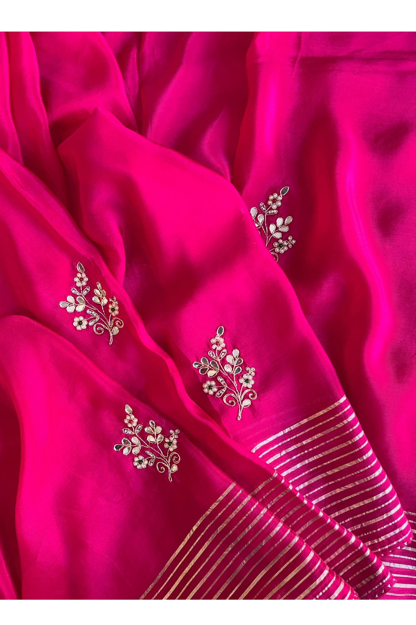 Habutai Silk Saree with Pearl Cutdana Buttis & Banarasi Border  | Matching Blouse 5440 01 (Pink)