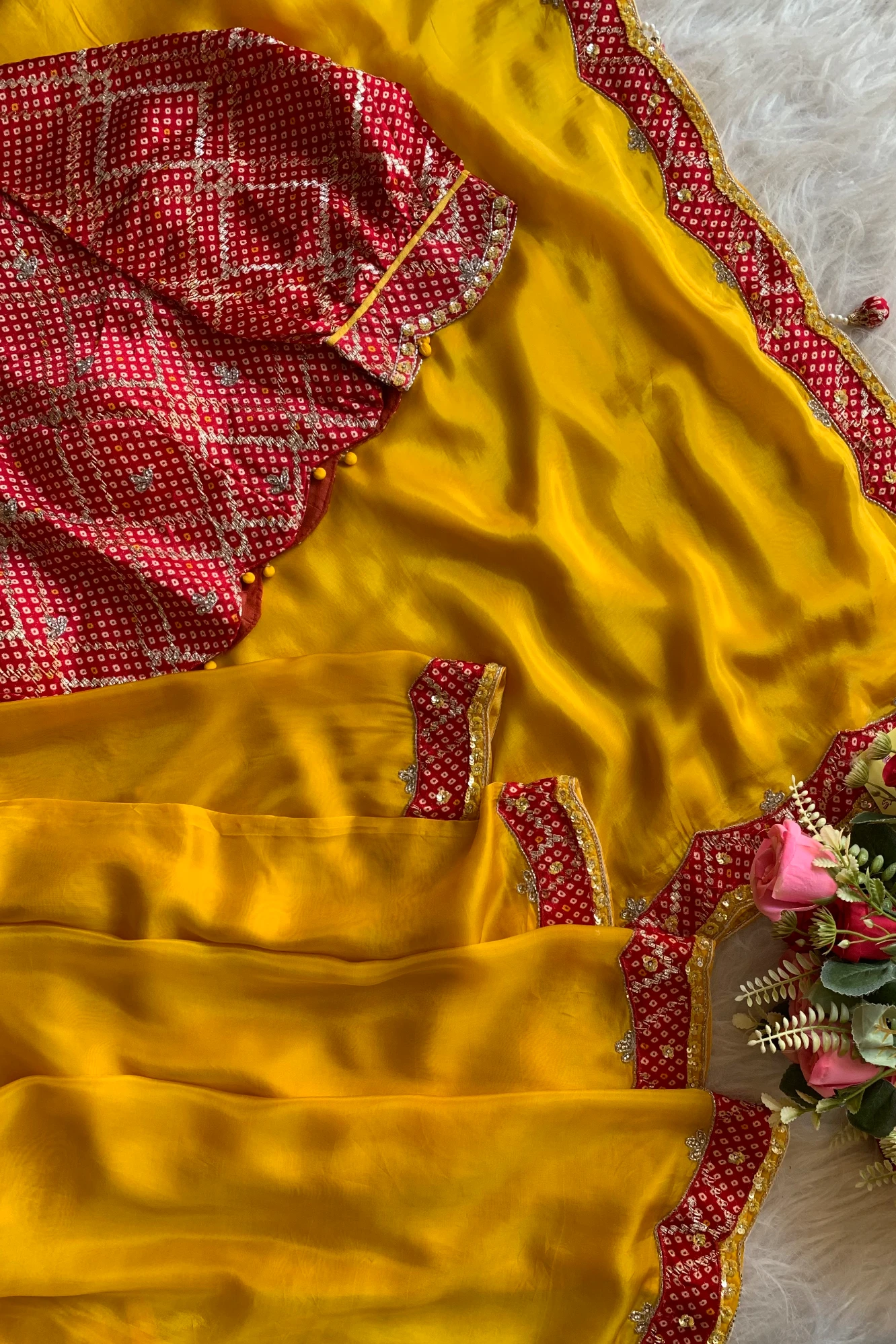Yellow Habutai Silk Saree with Red Bandhej Border 5254 02