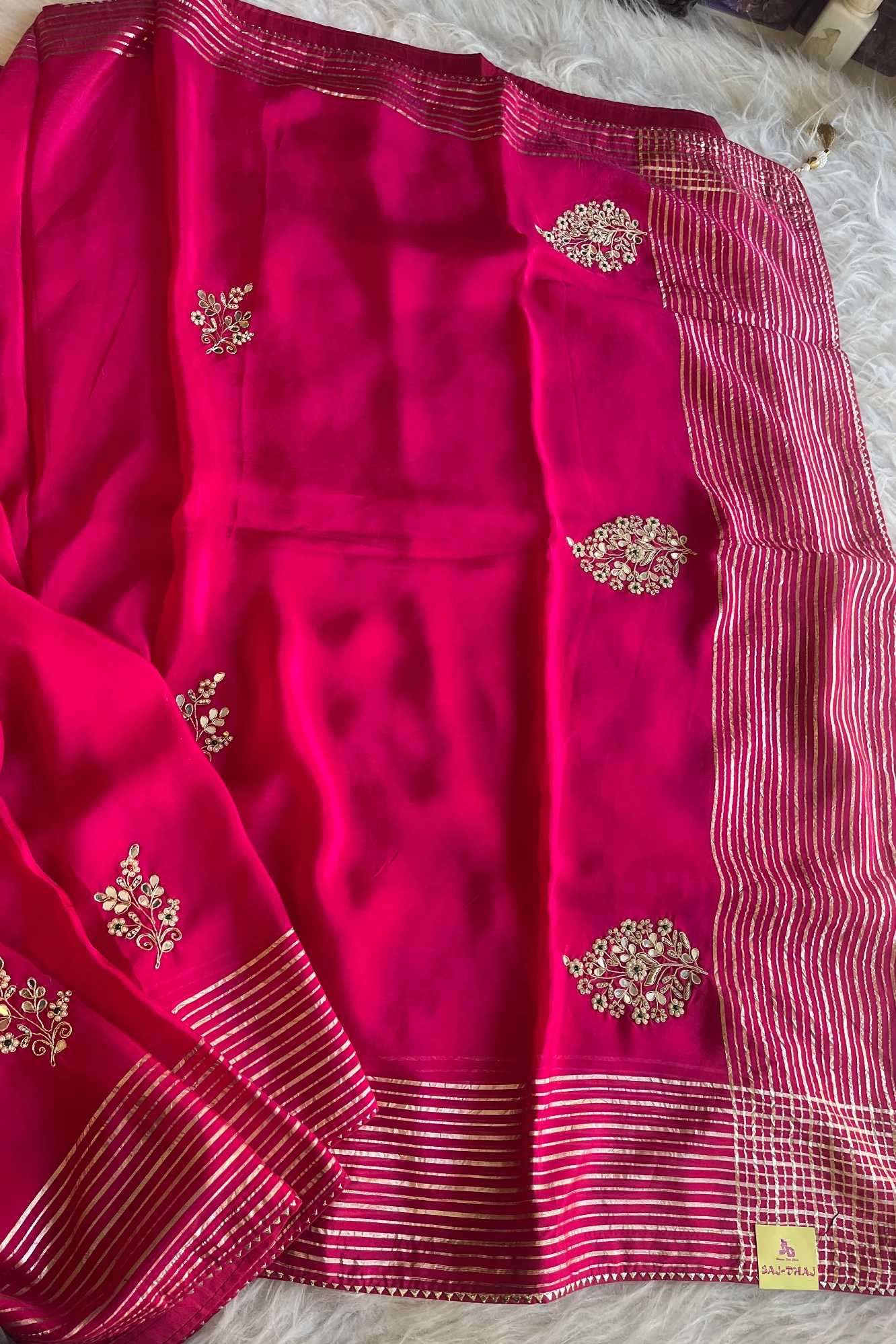 Habutai Silk Saree with Pearl Cutdana Buttis & Banarasi Border  | Matching Blouse 5440 01 (Pink)